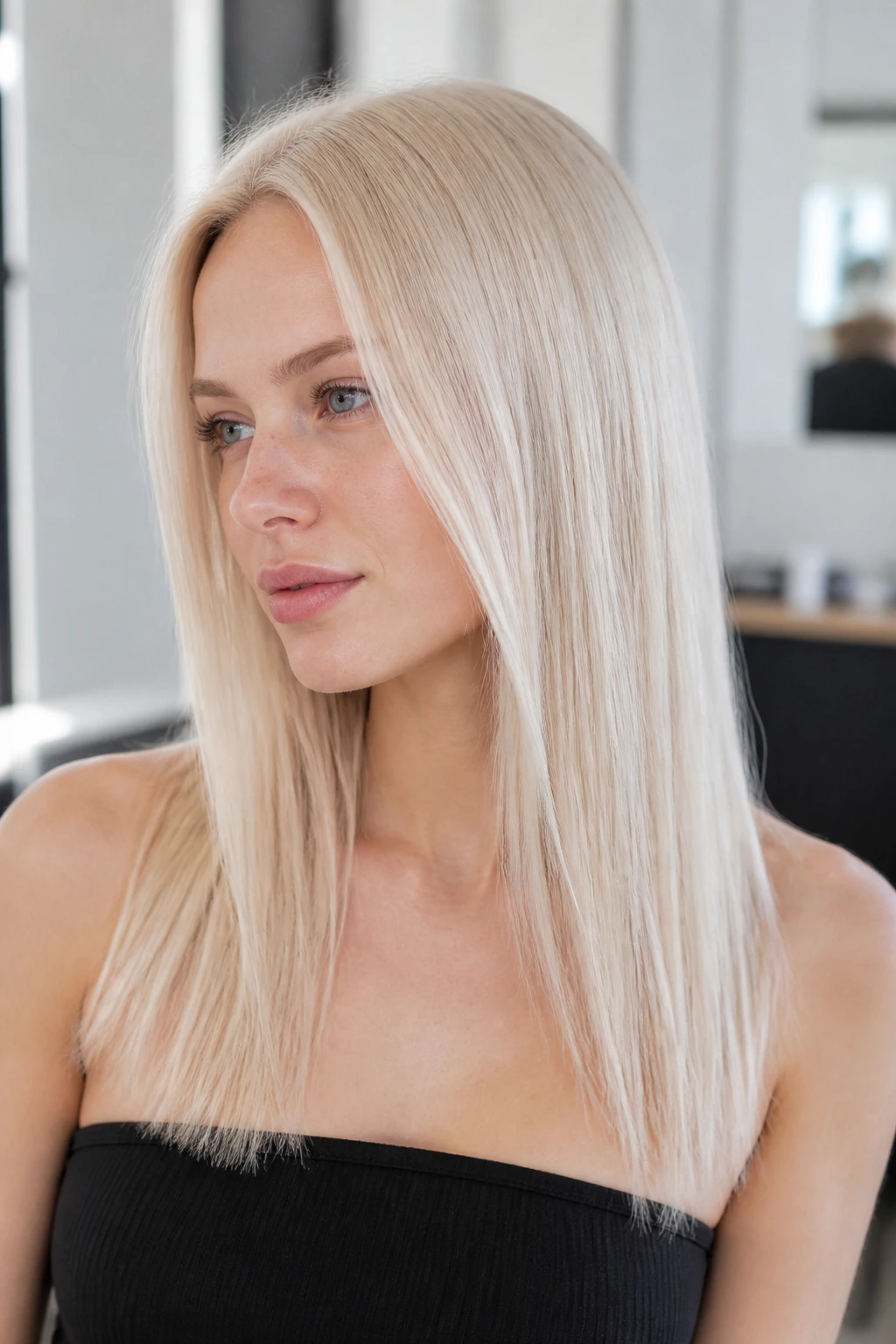 Portrait of real woman with pale Scandinavian blonde hair under bright natural light