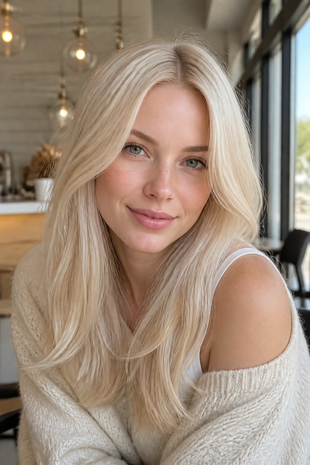 Portrait of a woman with nearly no-root Scandinavian blonde in bright daylight
