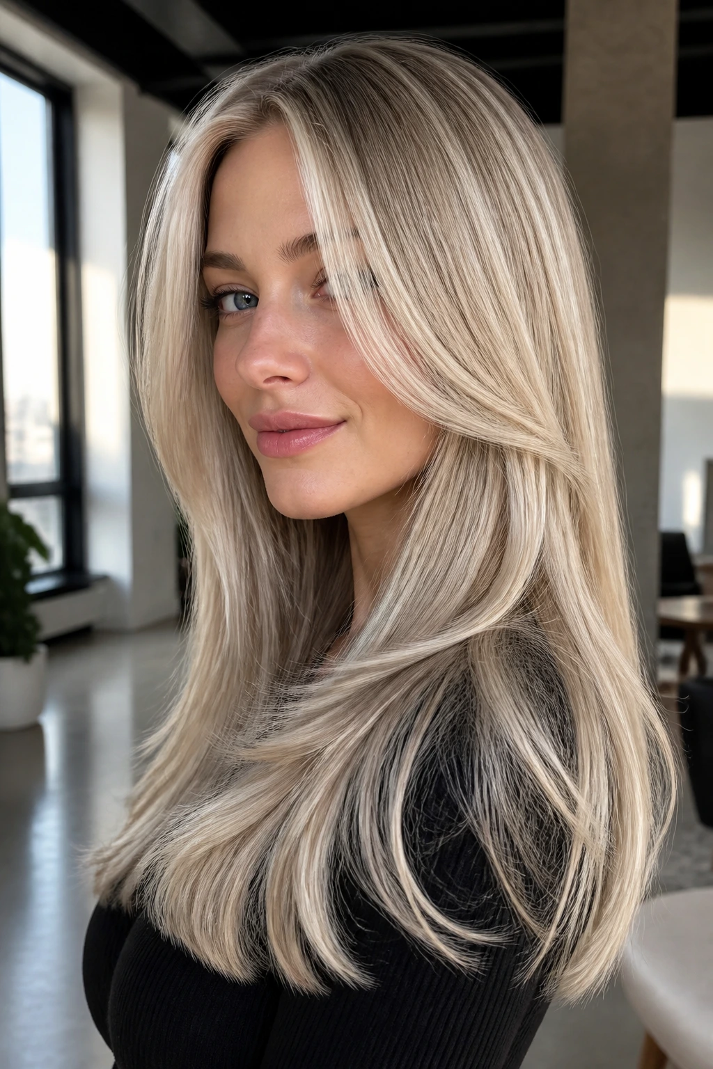 Close-up of Scandinavian blonde with sleek layers on a real person