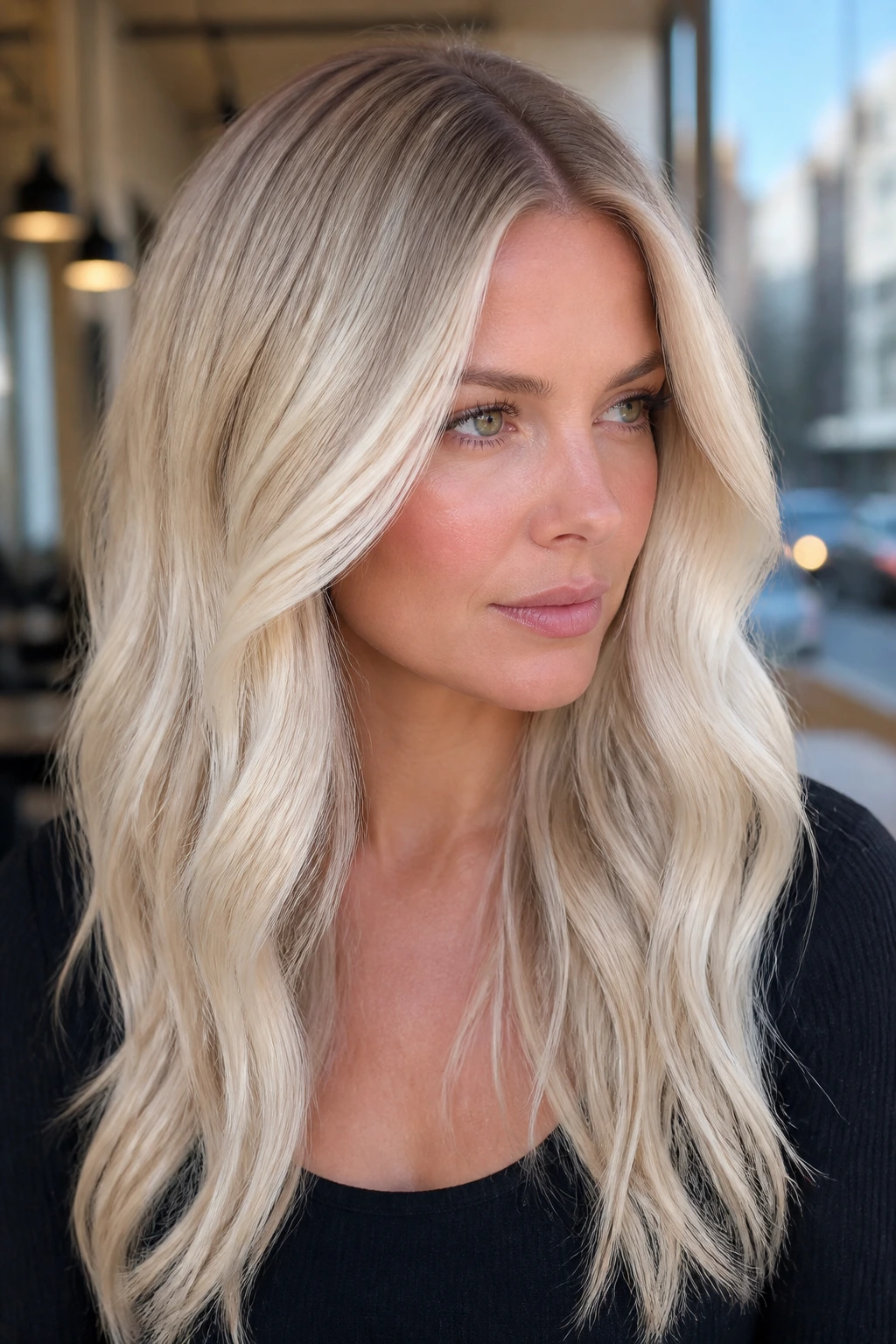 Close-up portrait of a real woman with Scandinavian blonde and taupe root shadow