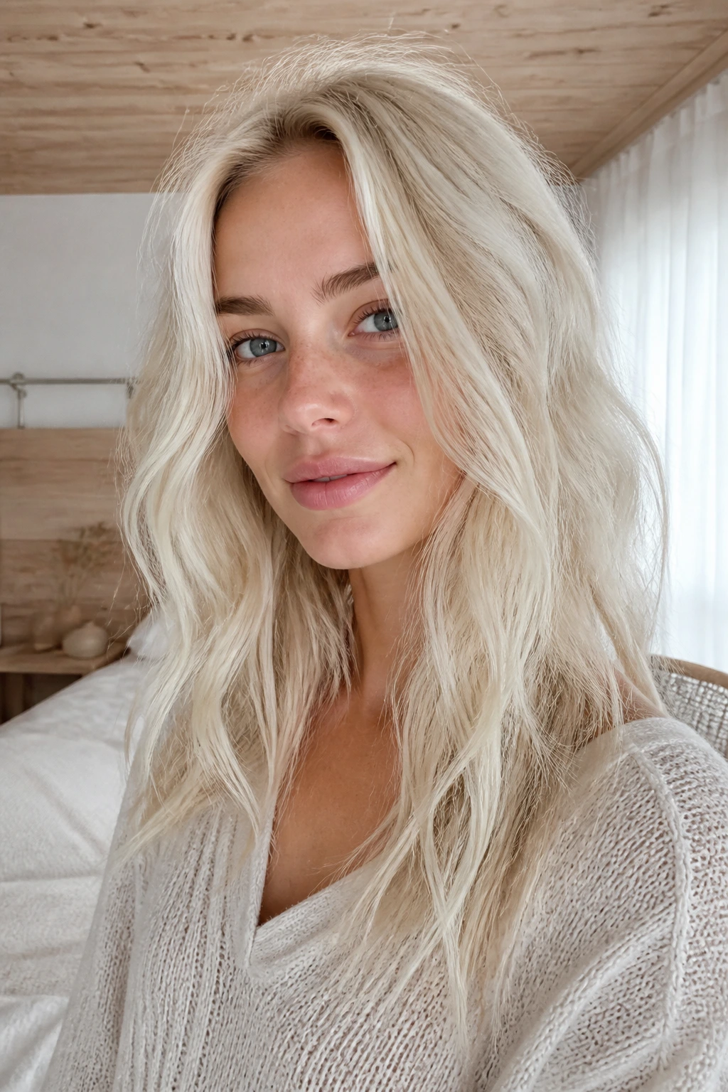 Real woman with bright Scandinavian blonde and undone waves in a bright bedroom.