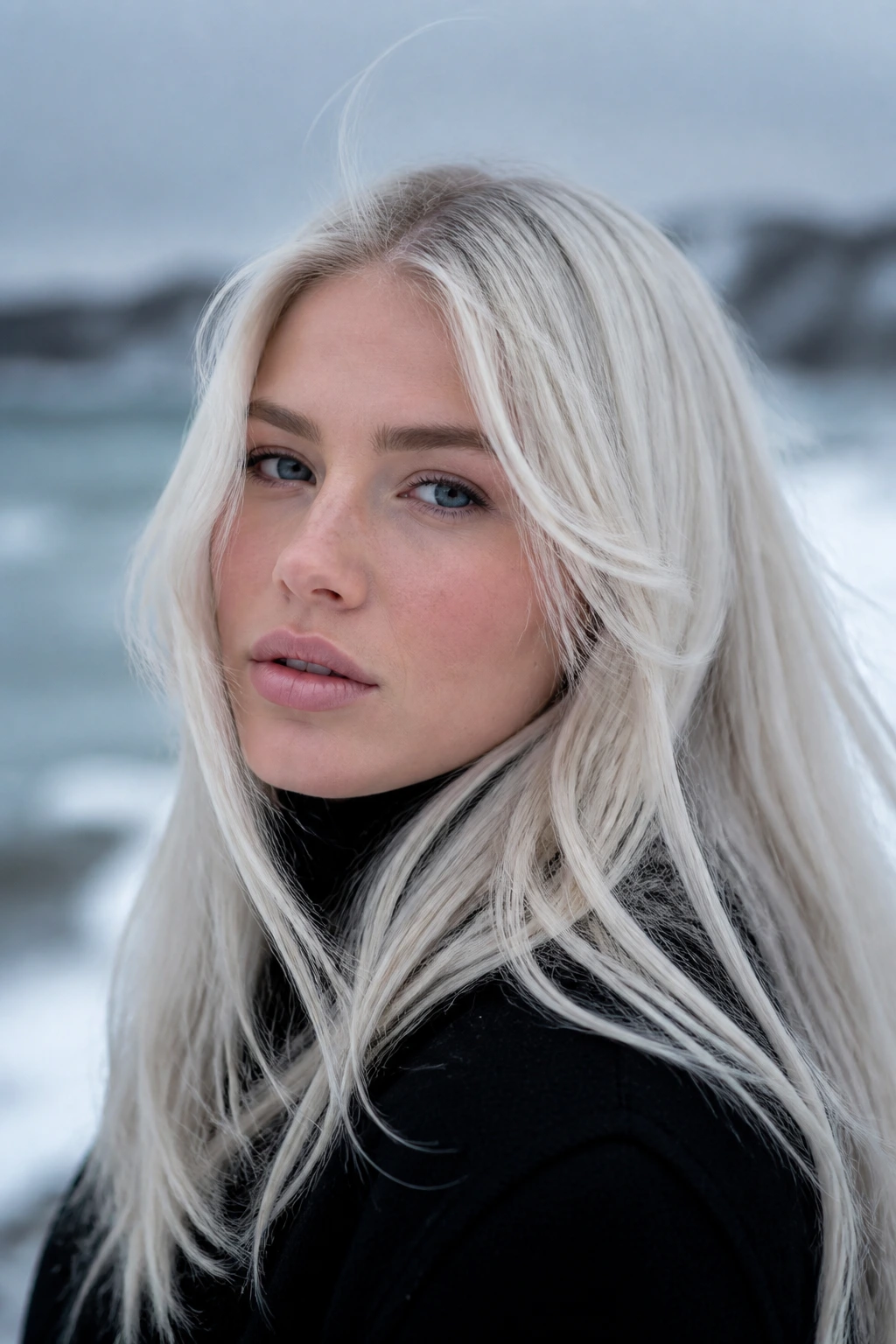 Portrait of a person with near-white Scandinavian frost blonde outdoors