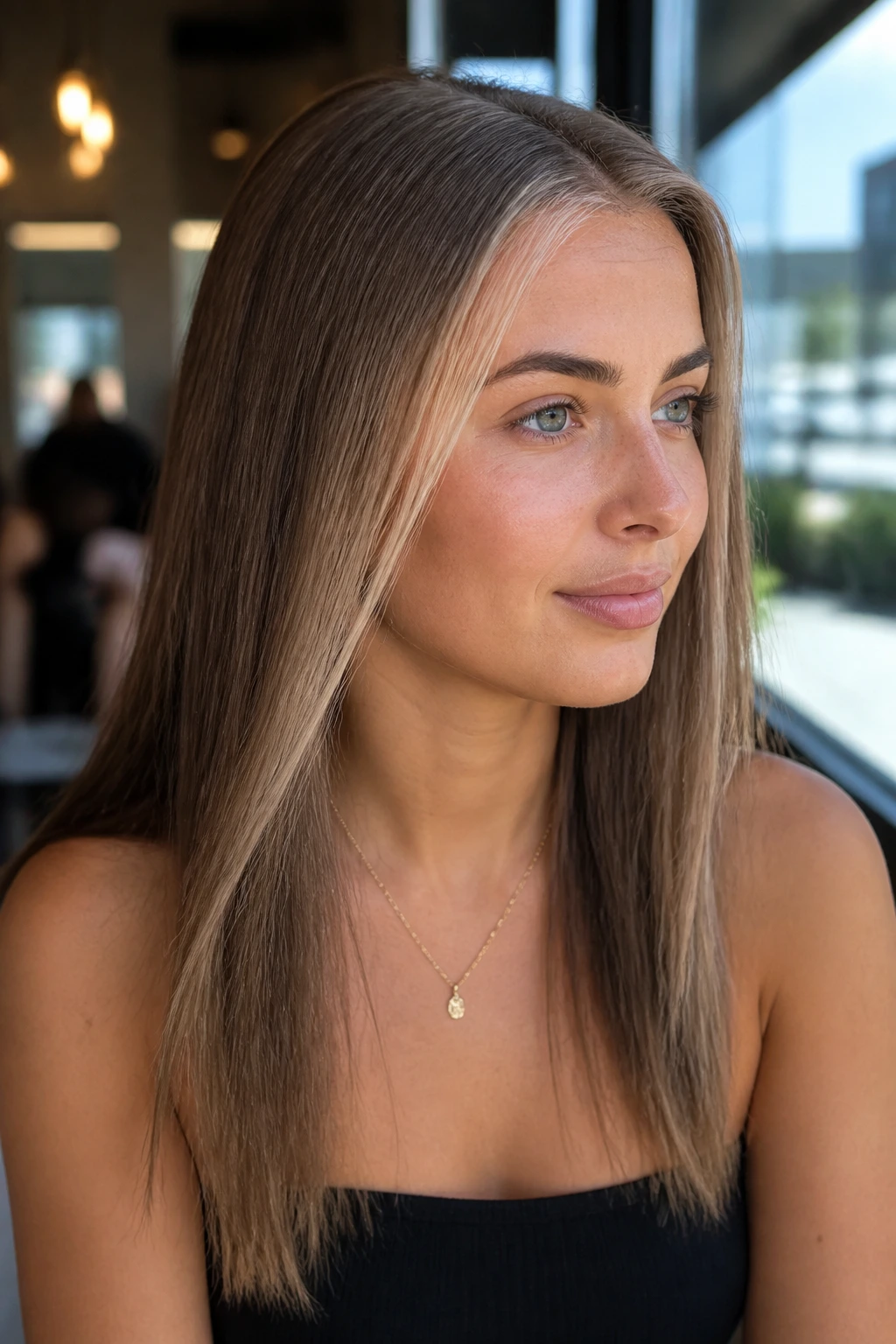 Close-up of a real woman with a lightened hairline and top foils on straight hair