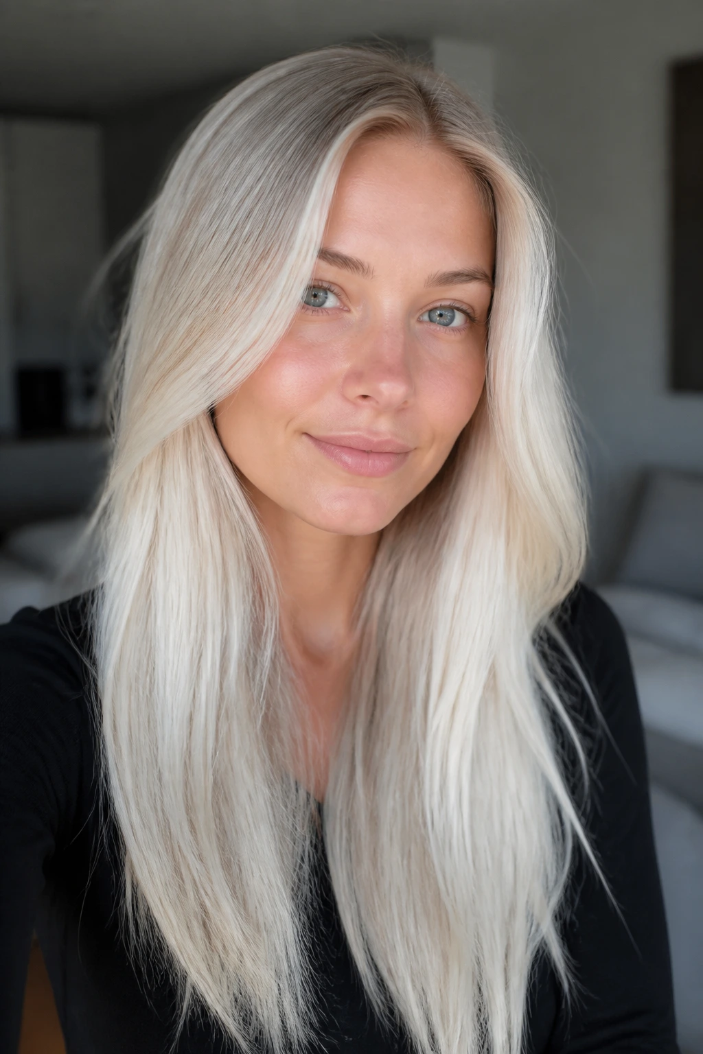 Close-up of a real woman with sandy to Scandinavian platinum hair