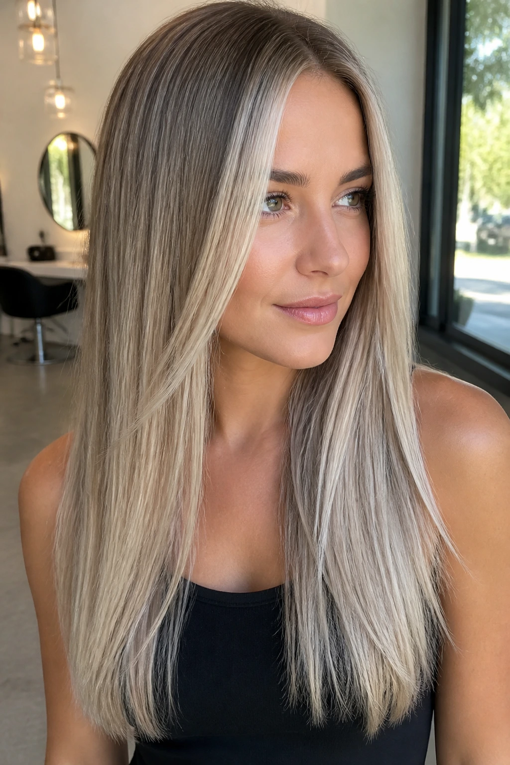 Close-up portrait of a real woman with pale ribbons throughout hair in Scandinavian ribbon balayage