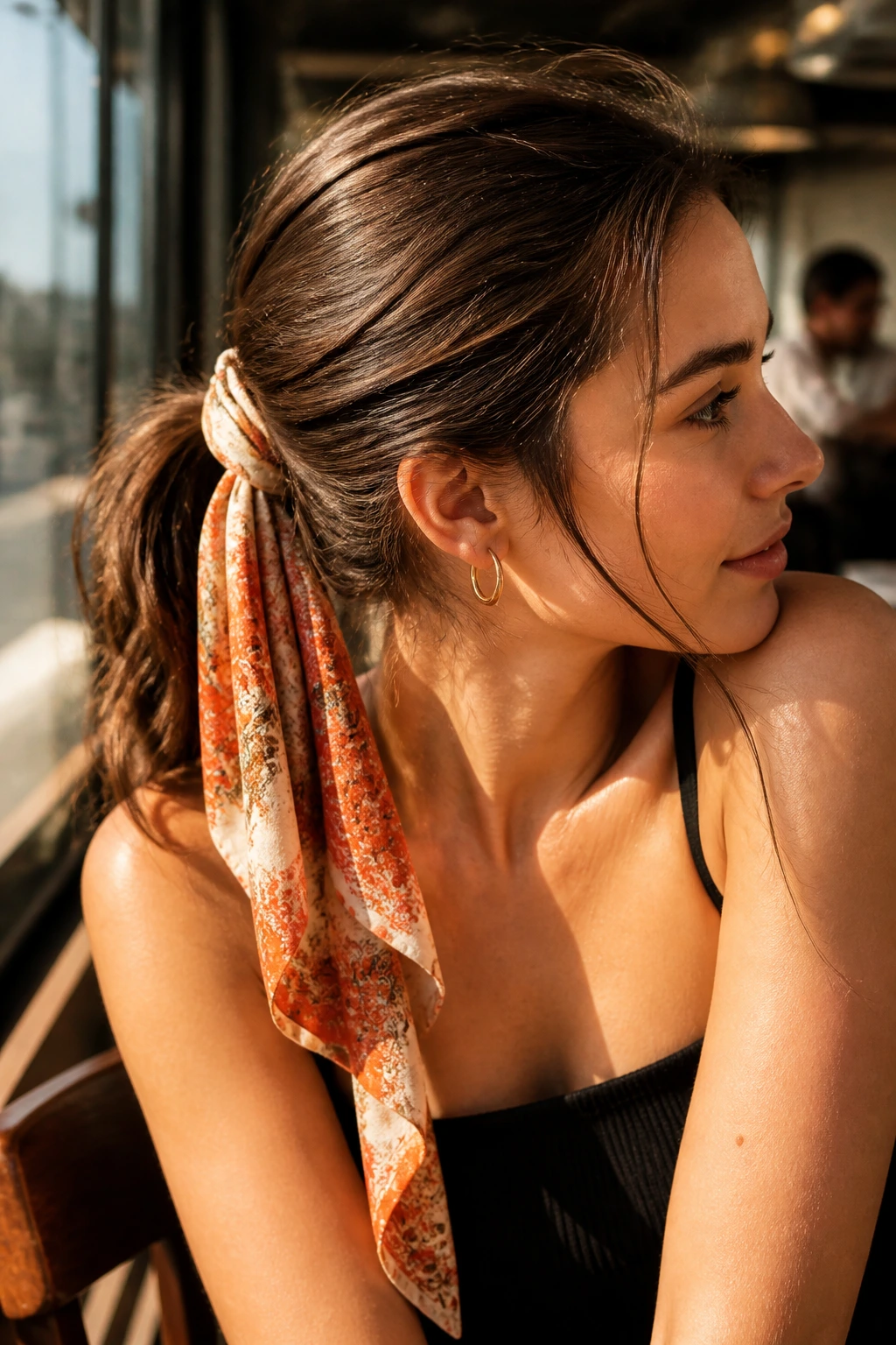 Portrait of a woman wearing a scarf-banded ponytail in a cafe setting