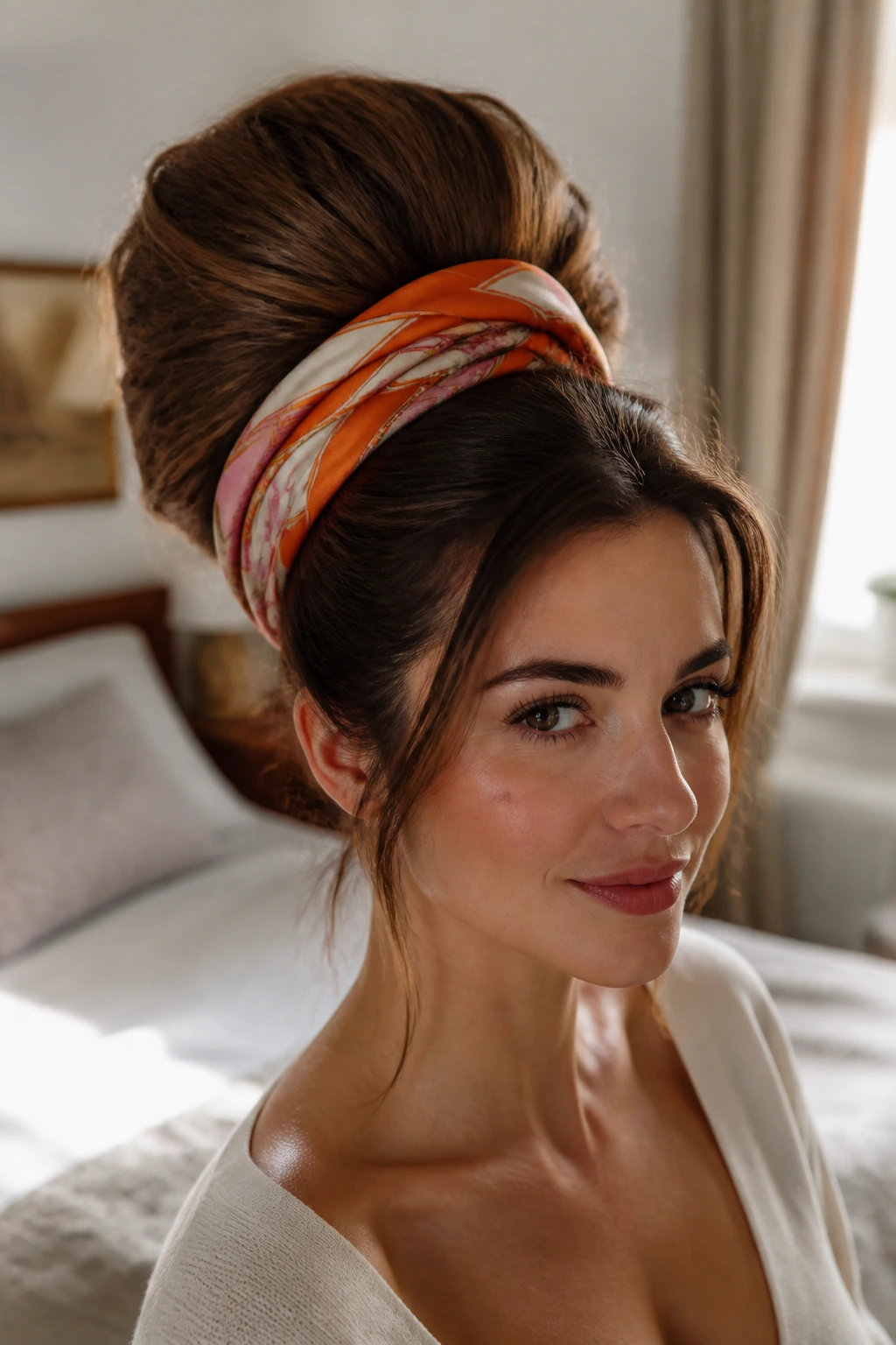 Close-up of a real woman with a tall beehive and a silk scarf at the crown in warm bedroom light