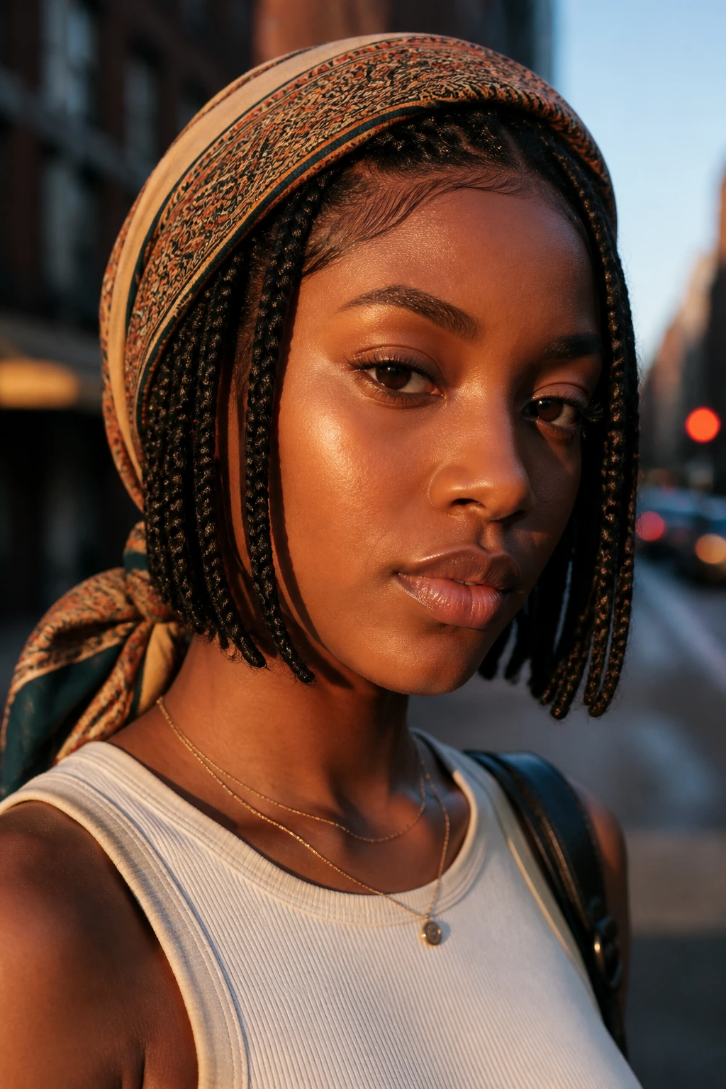 Portrait of woman with scarf-tied bob box braids in an urban setting