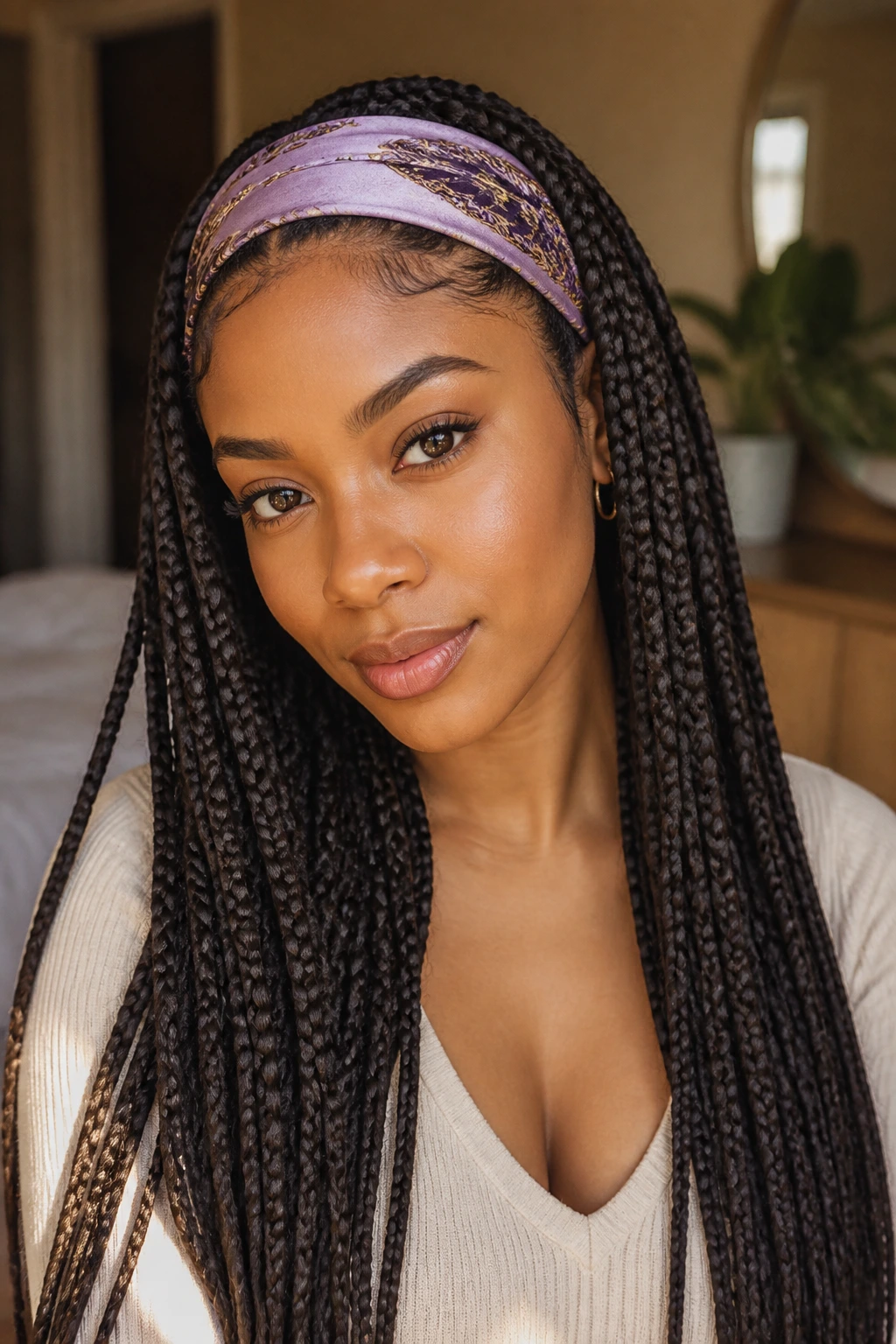 Close-up of a real person with long braids wrapped by a satin scarf at the hairline