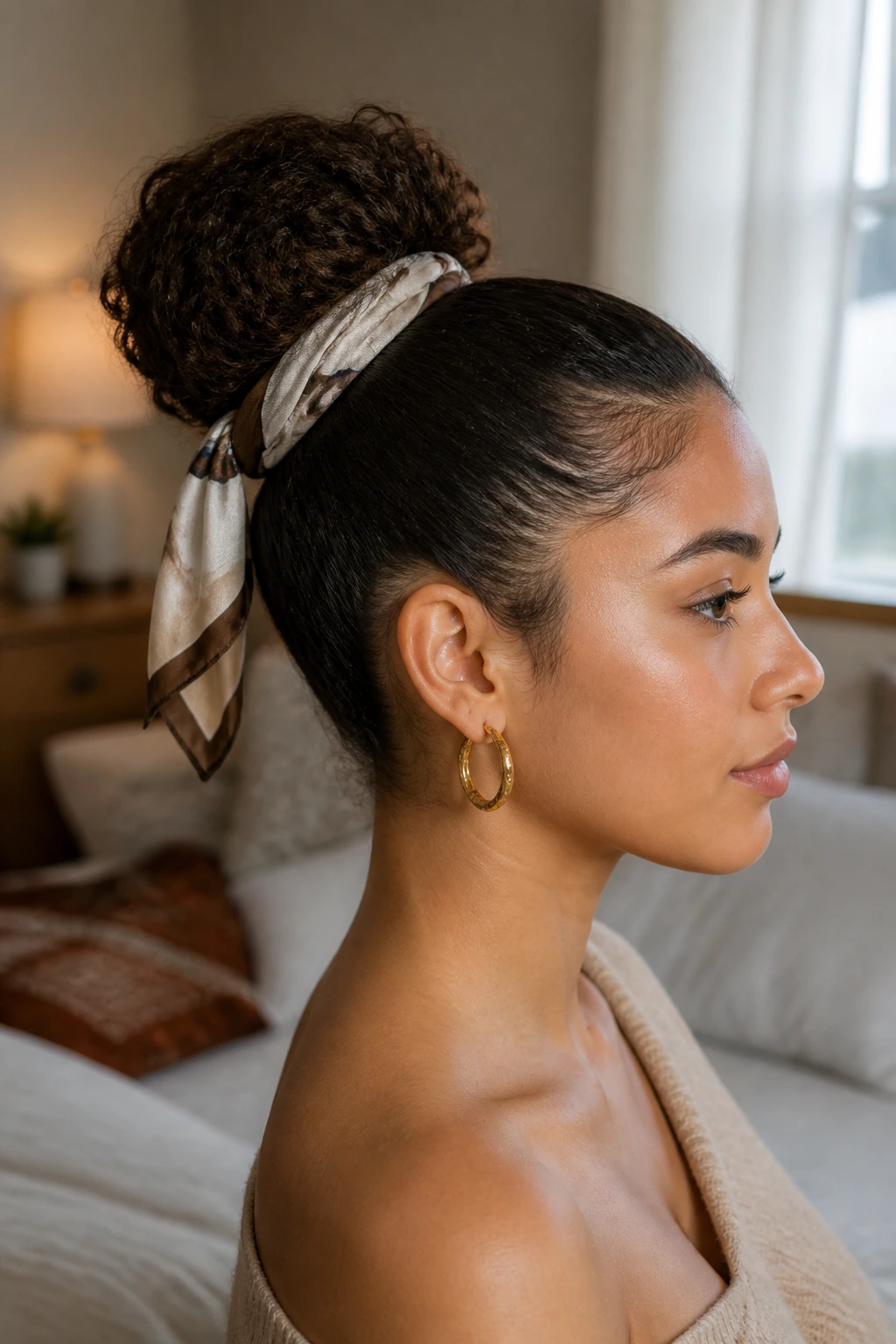 Close-up of scarf-wrapped bun on real woman's head in sunlit bedroom.