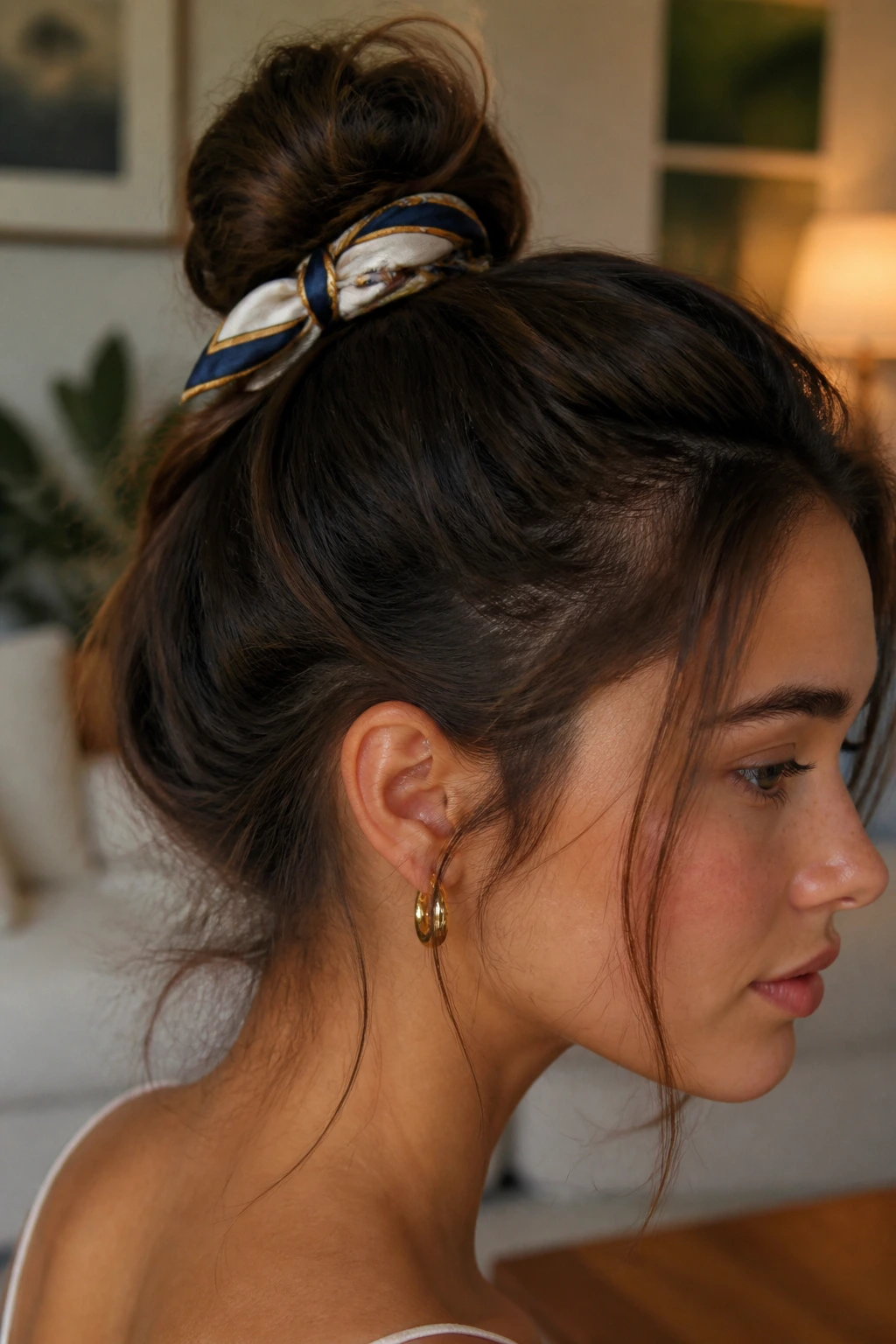 Close-up of a real woman wearing a knotted scarf bun.