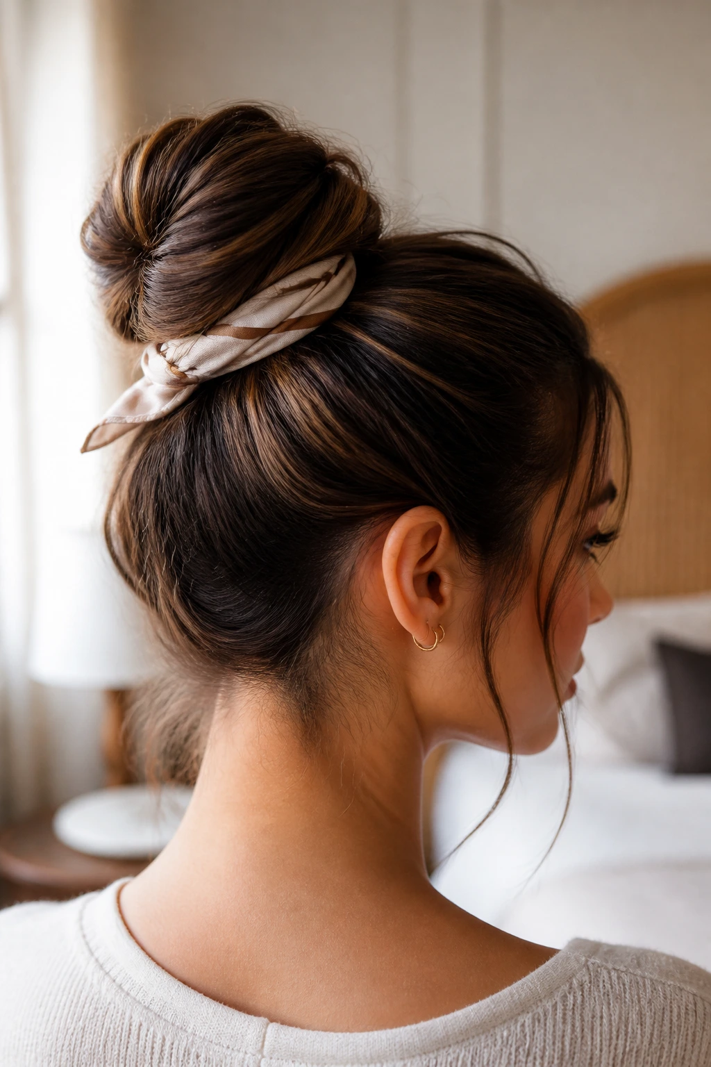 Close-up of a real woman wearing a scarf-wrapped bun in warm window light