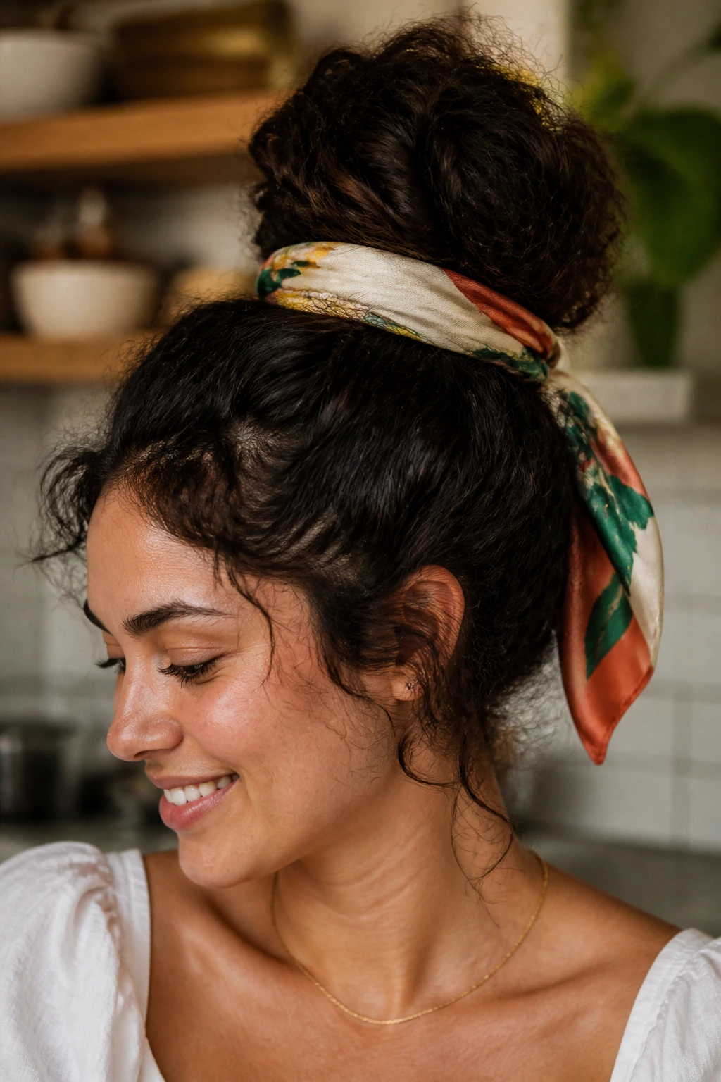 Close-up of a real woman with a scarf-wrapped bun in thick frizzy hair
