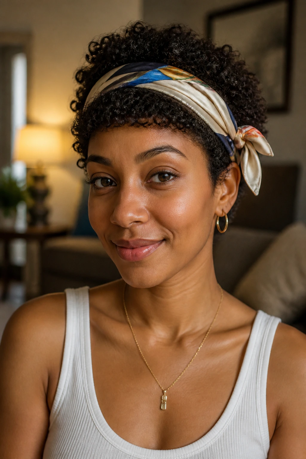 Close-up of a woman wearing a silk scarf crown with curls beneath