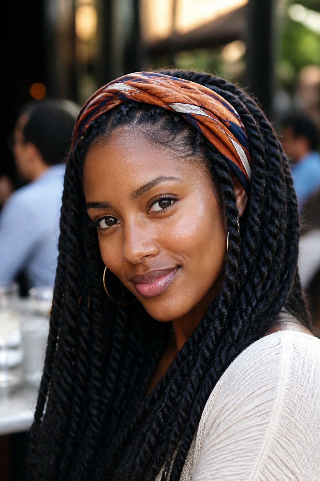Close-up of a real woman with scarf-crowned Marley twists.