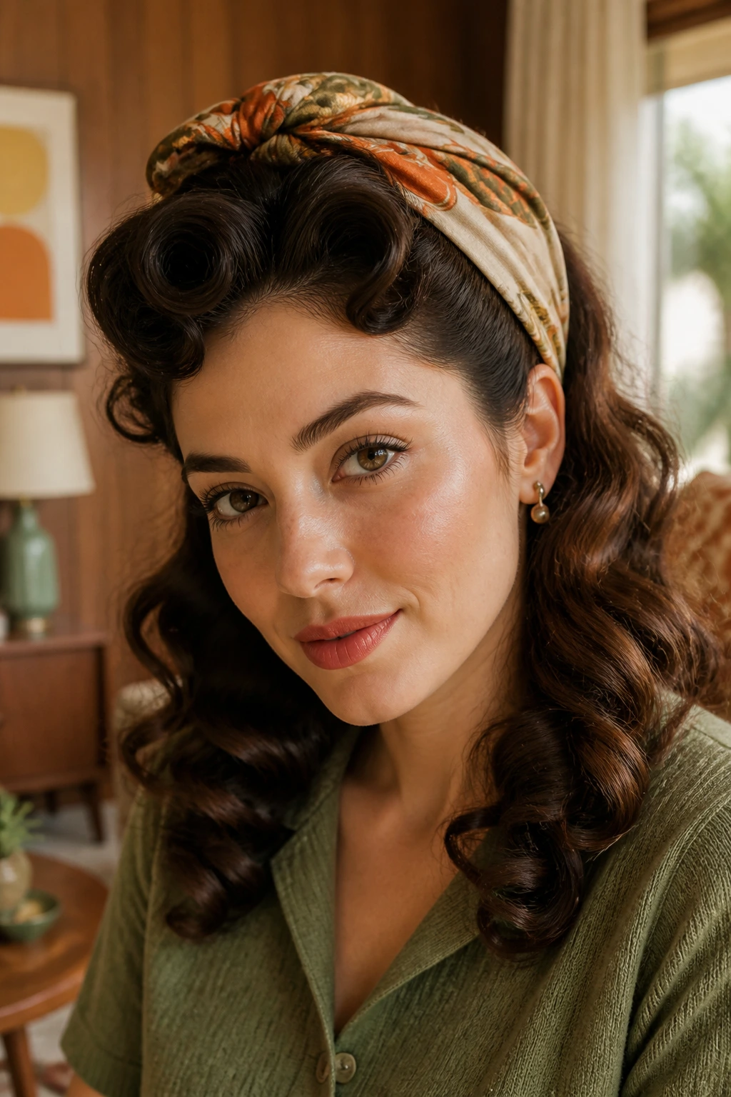 Close-up of a woman wearing a silk scarf with retro-tied curls