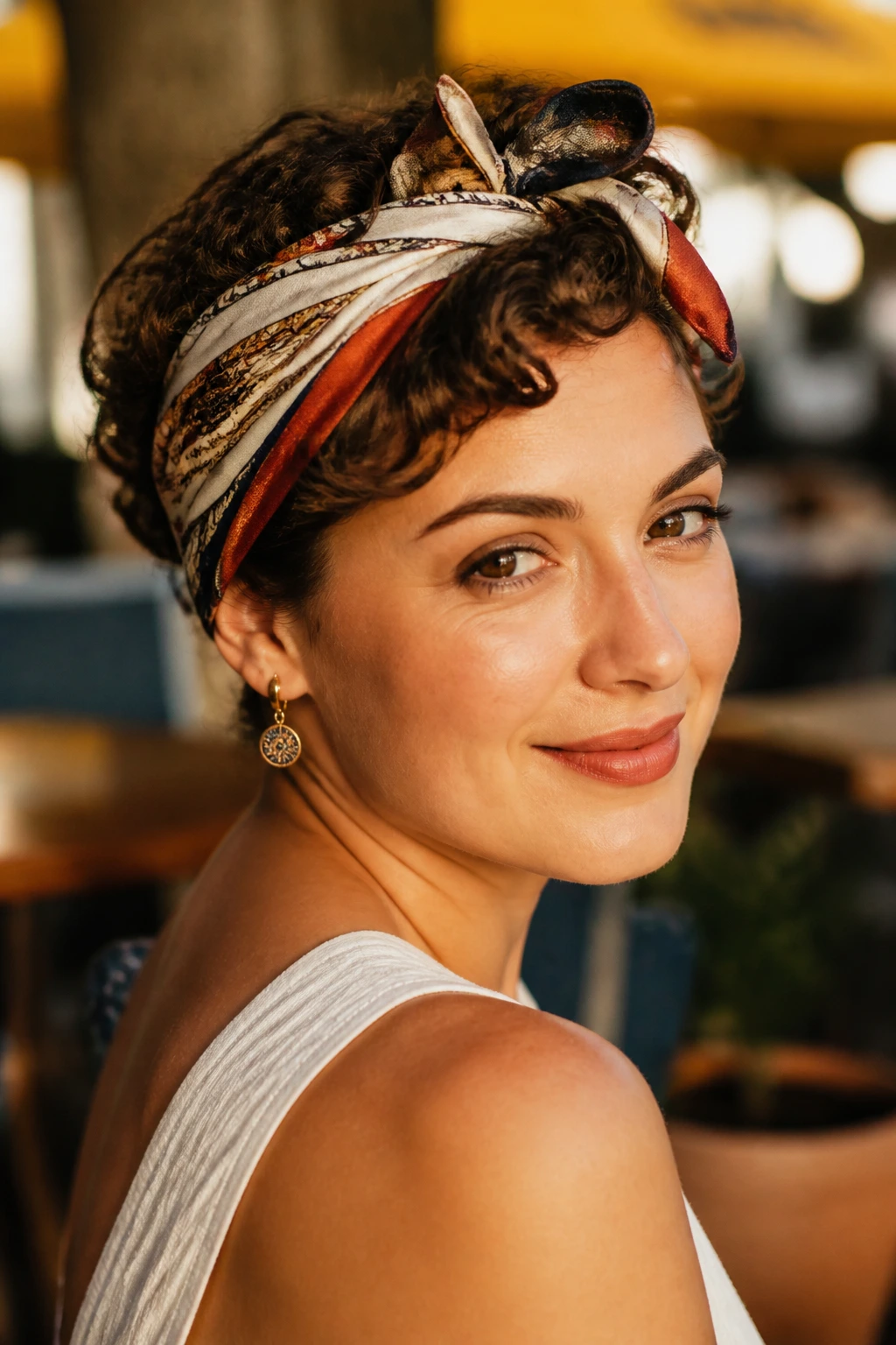Close-up portrait of scarf-wrapped short curly set
