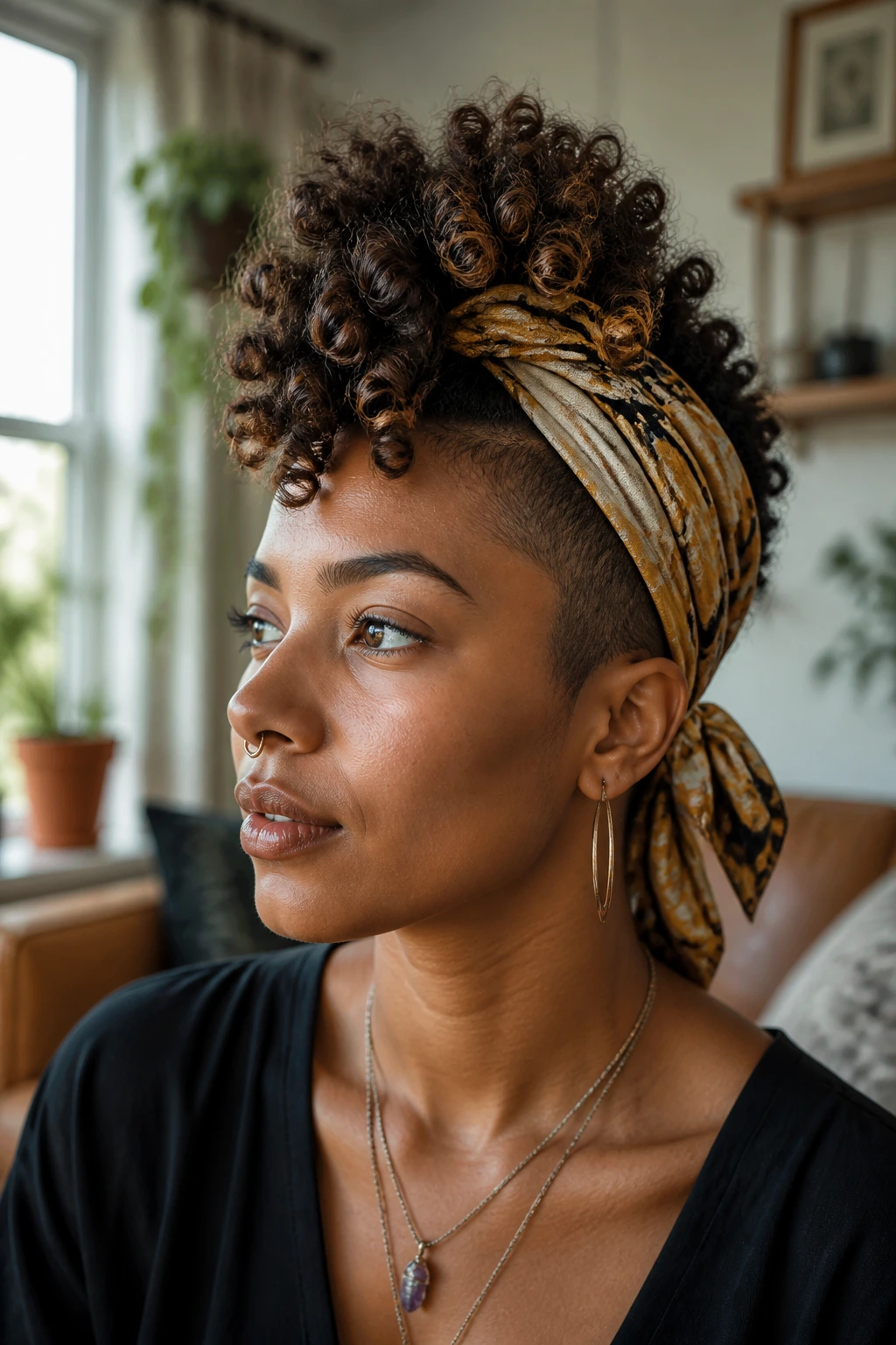Close-up of a real person with Scarf-Wrapped Frohawk showing scarf around crown