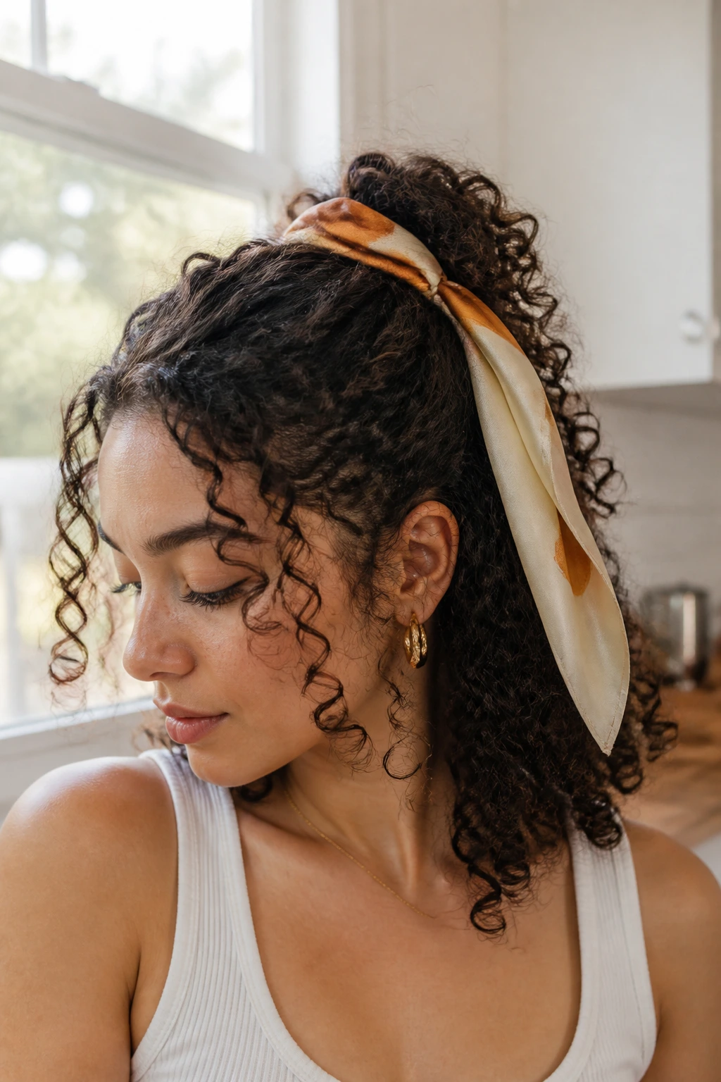 Portrait of a real woman wearing a silk scarf in a half-up hairstyle with 3a curls.