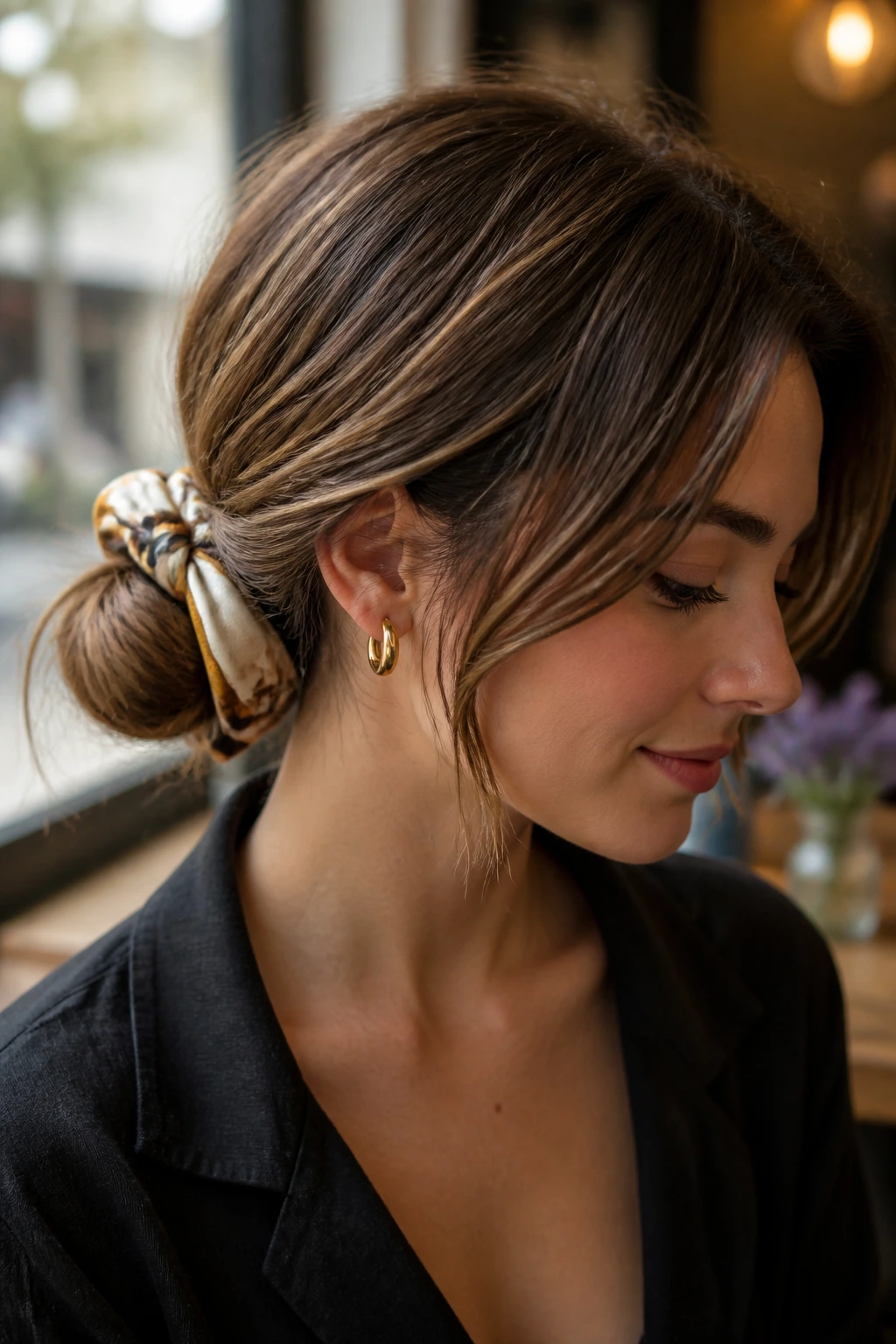 Close-up of a real woman wearing a silk scarf-wrapped low knot hairstyle.