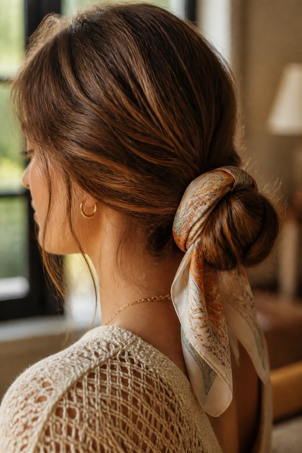 Close-up of a scarf-wrapped low bun on a real woman under warm home lighting