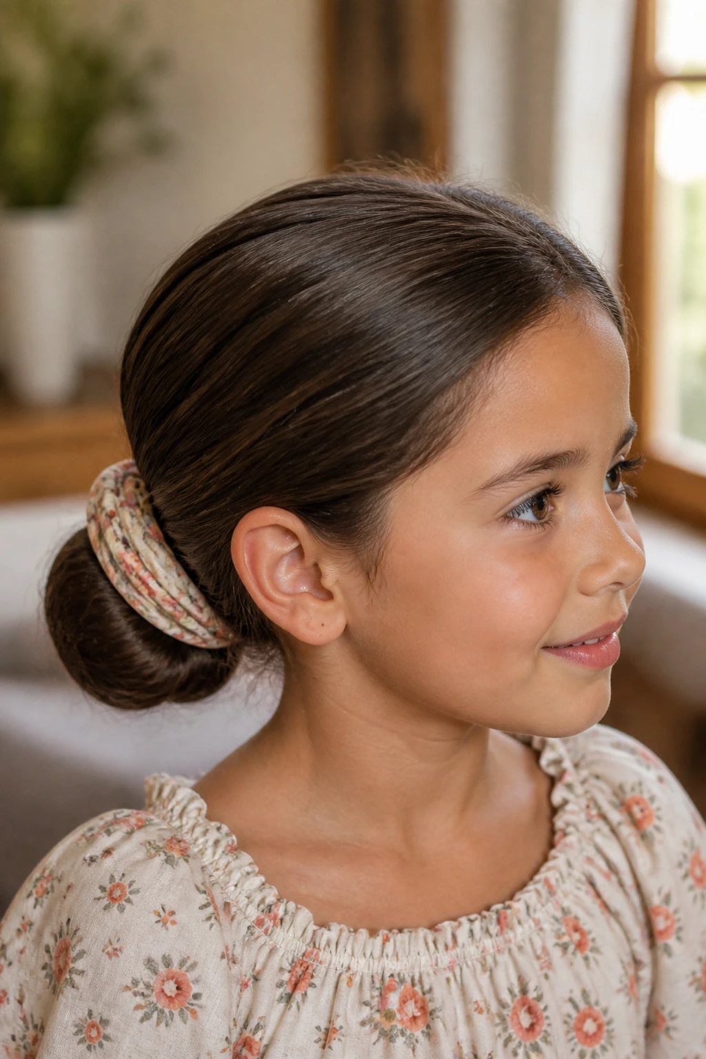 Close-up of brunette girl with scarf-wrapped low bun