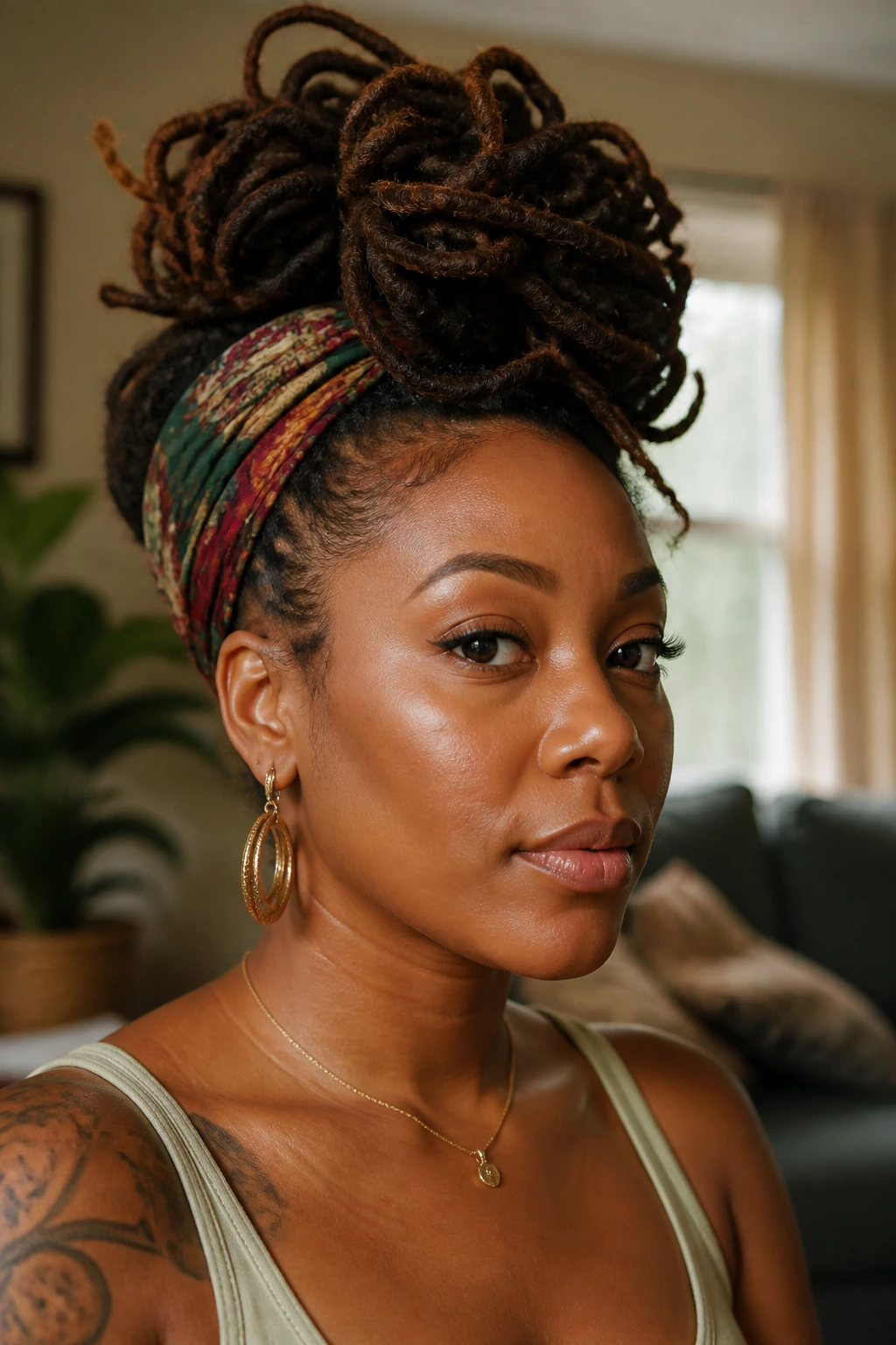 Close-up portrait of a real person with a scarf-wrapped Mohawk and scarf at the base.