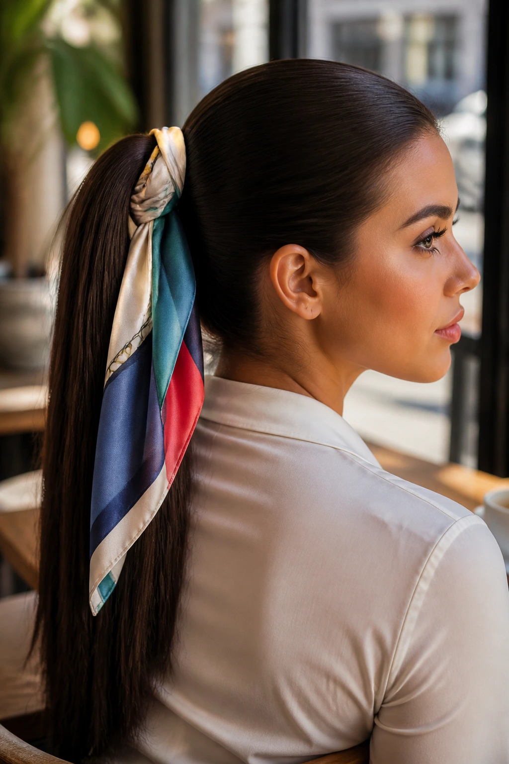 Real woman with scarf-tied straight ponytail in cafe setting