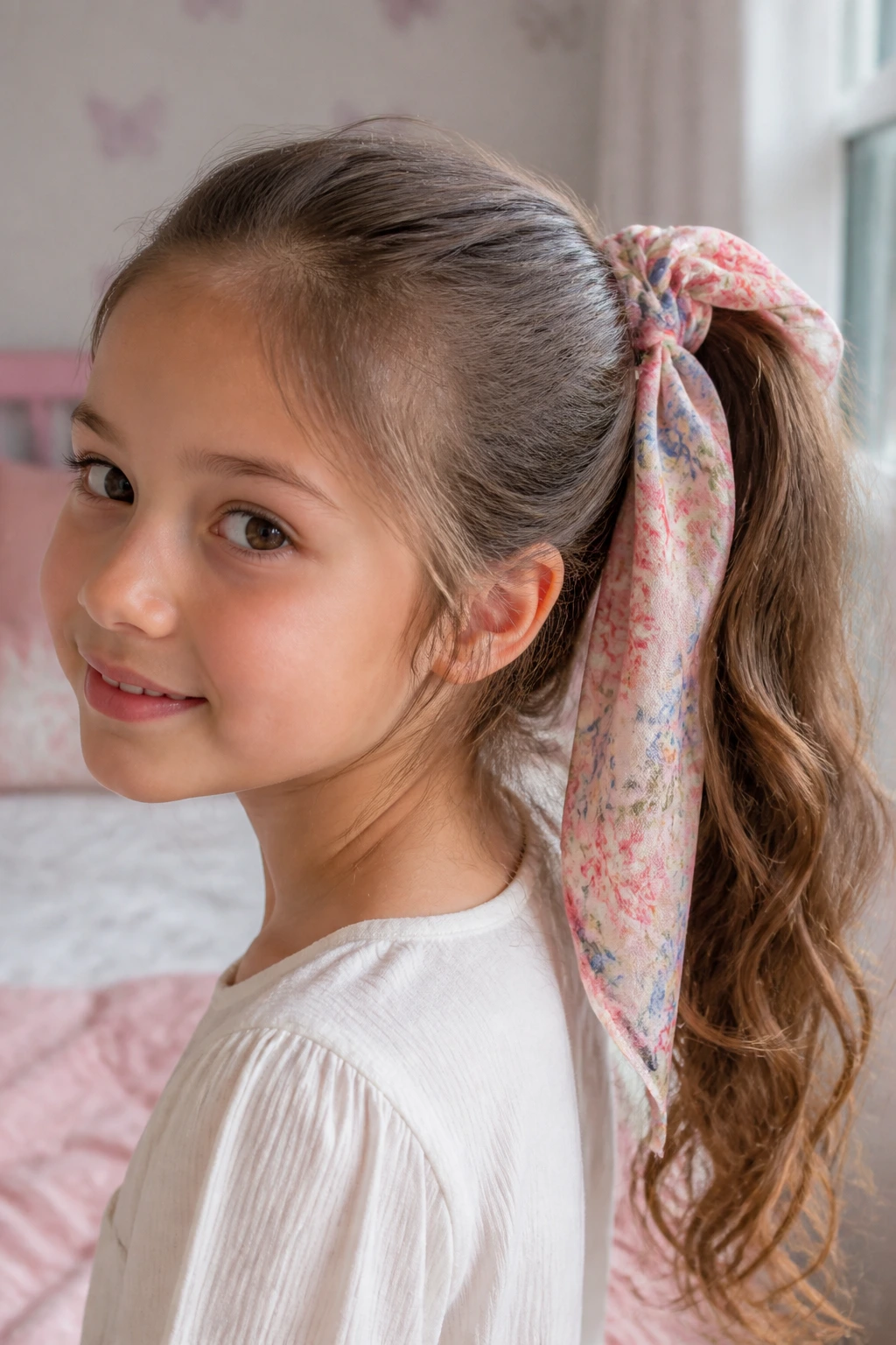 Close-up of scarf-tied ponytail on a young girl in a cozy bedroom
