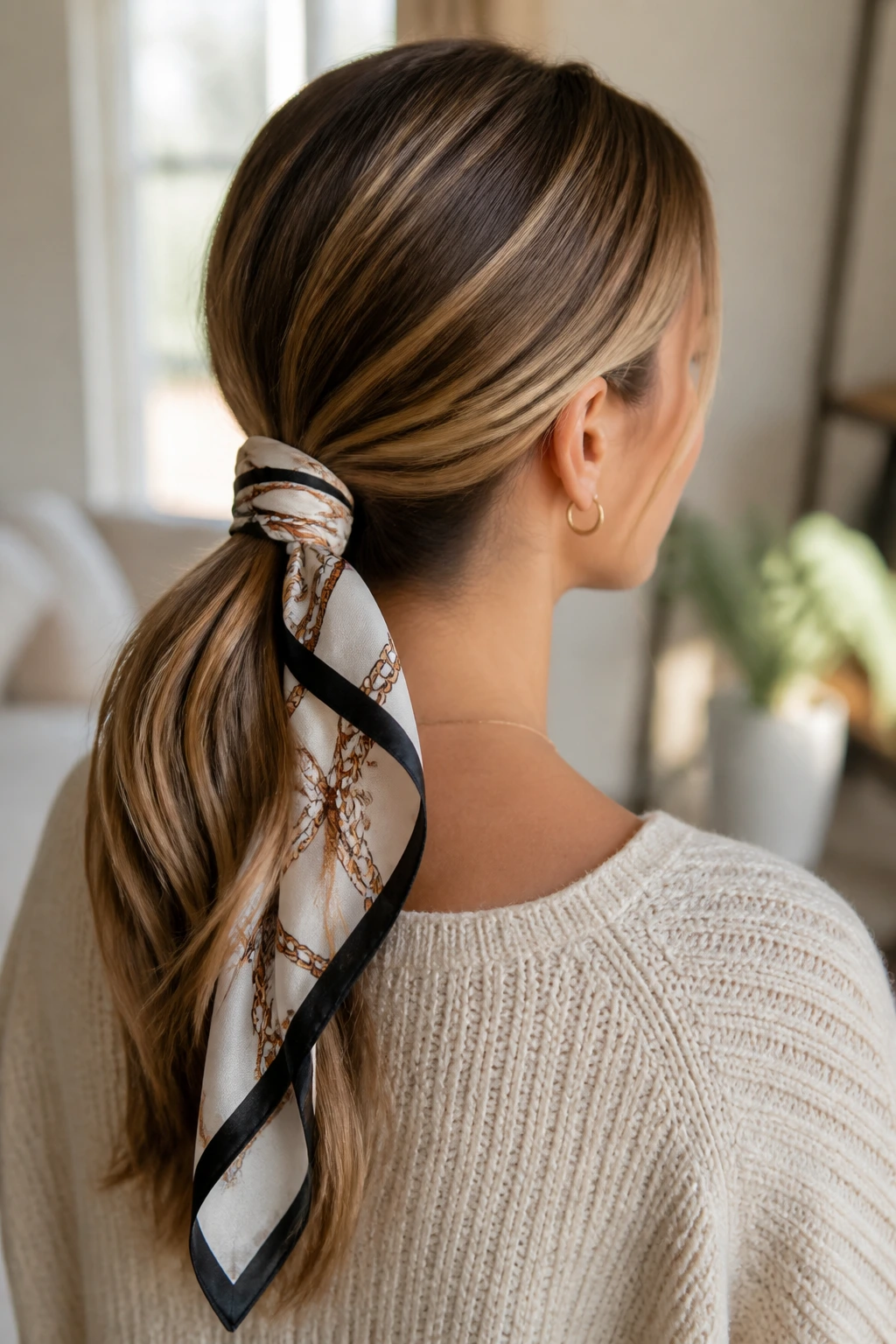 Close-up of a real woman with a scarf-tied low ponytail under warm window light