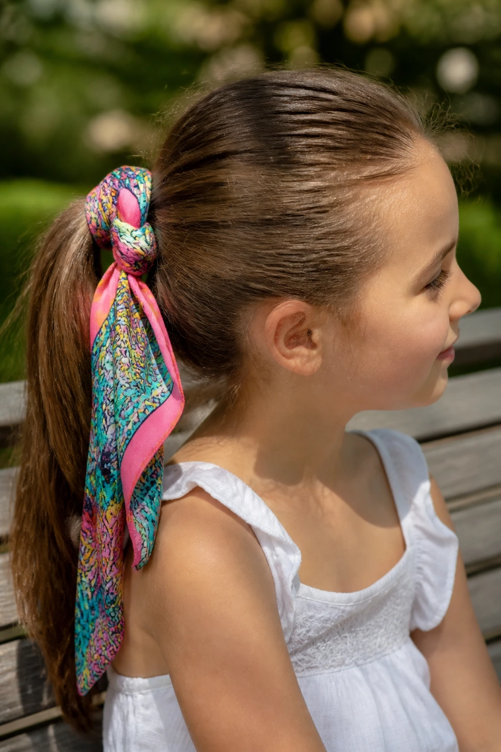 Child with scarf-tied ponytail