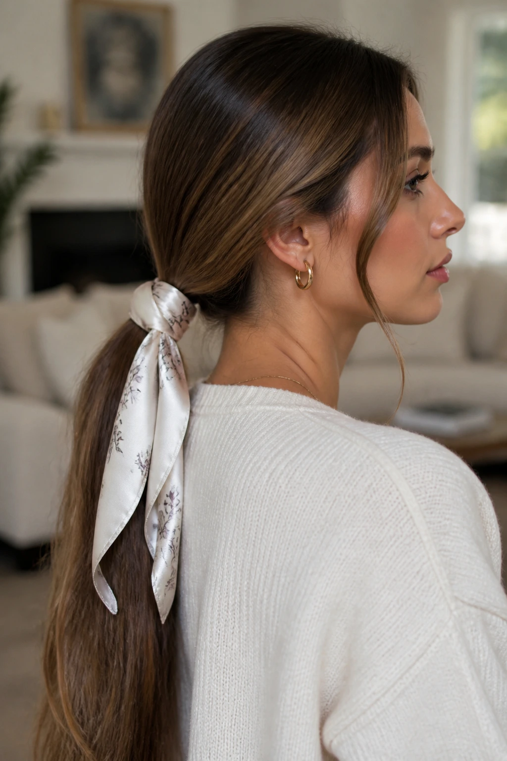Portrait of a woman with a satin scarf tied ponytail, hair smooth and long