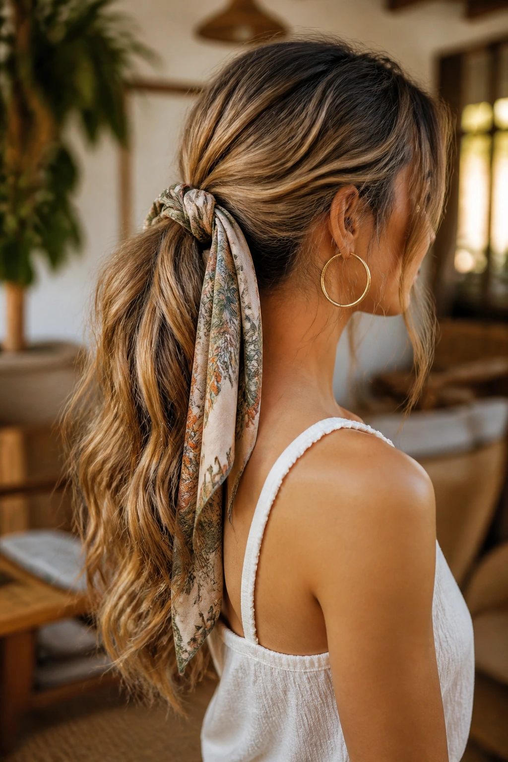 Real person with scarf-tied wavy ponytail