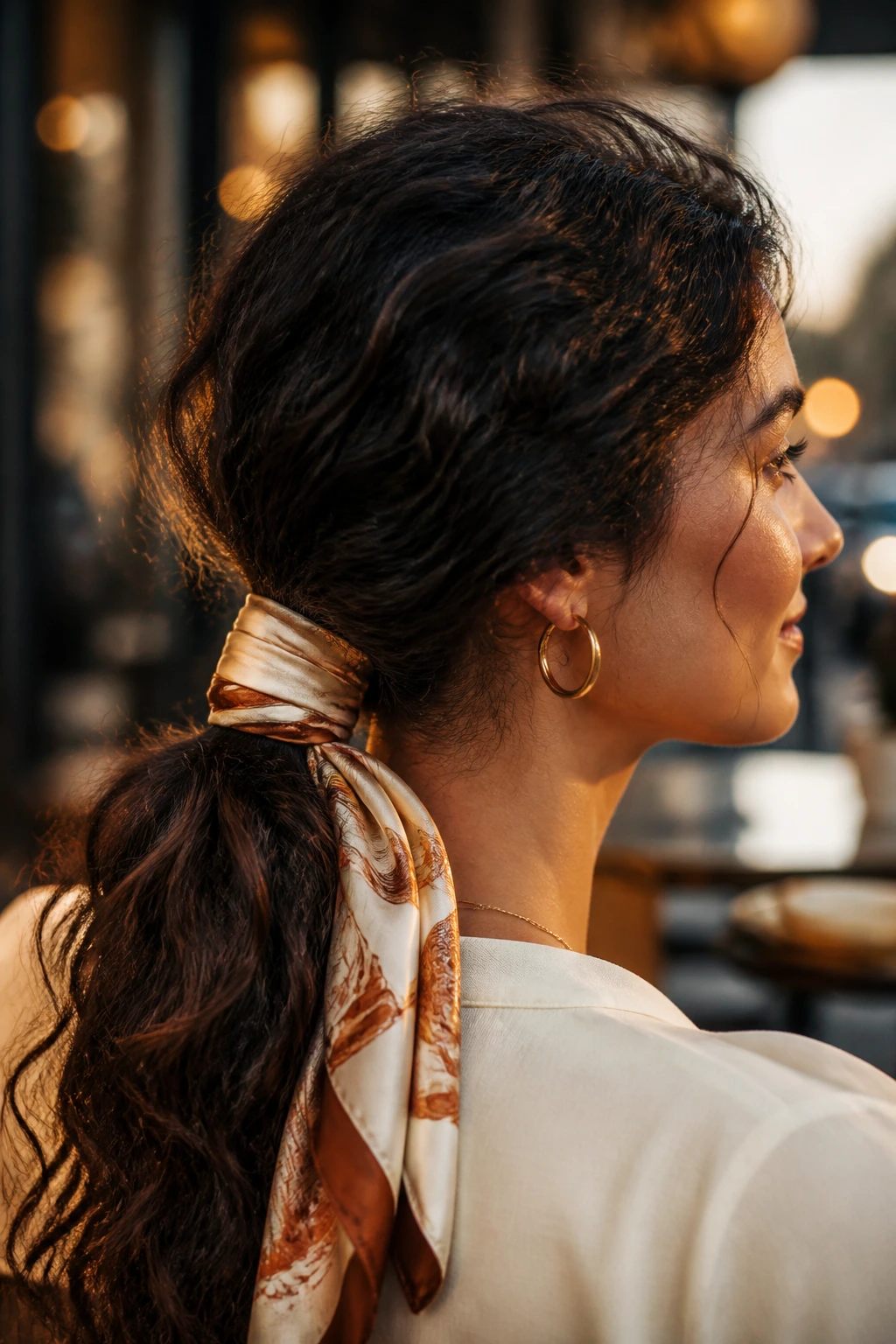 Close-up of a real woman with a low ponytail wrapped by a silk scarf in an urban setting