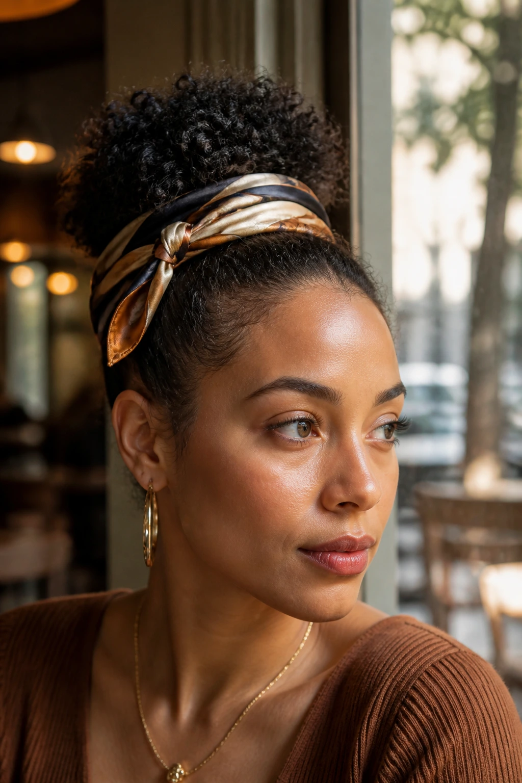Close-up of a real woman with a scarf wrapped puff hairstyle in a sunlit cafe setting.