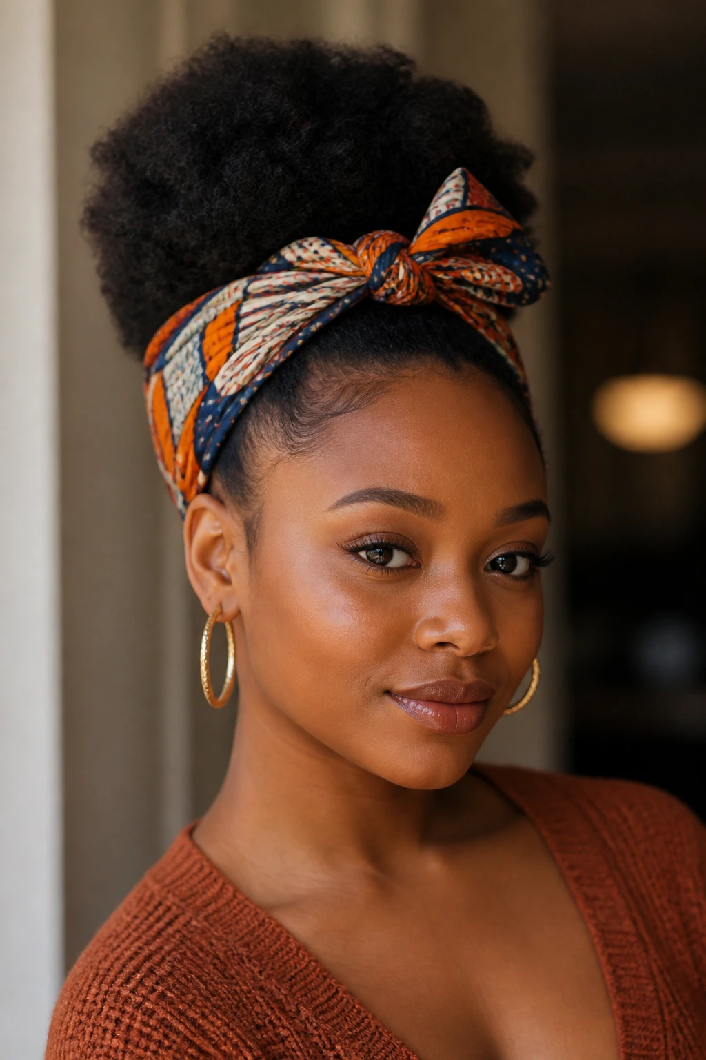 Close-up of a real Black woman with a scarf-wrapped puff.