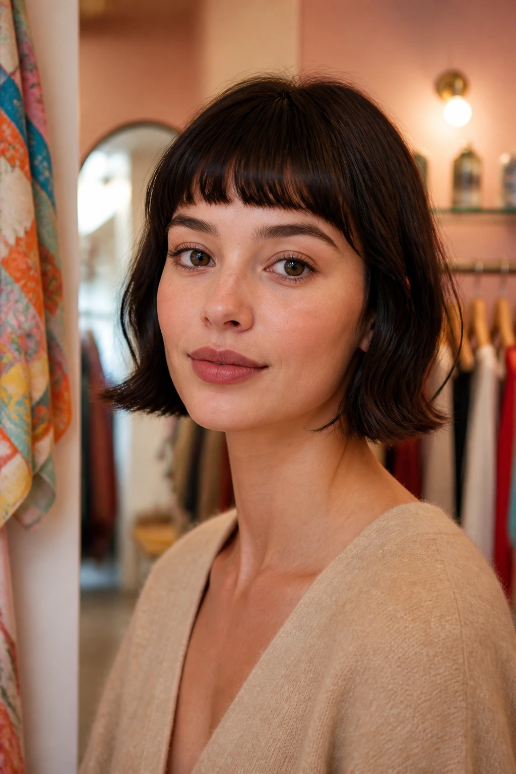Close-up of a real woman with a short fringe above the eyes, ready for accessories.