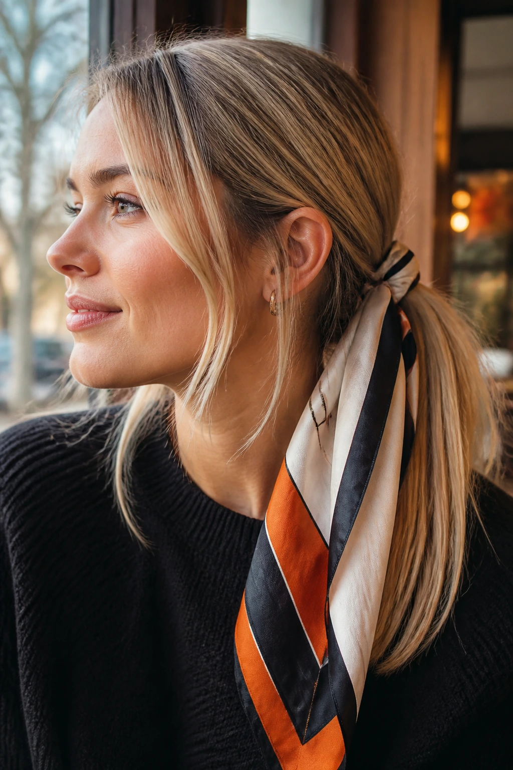 Close-up of scarf-tied straight hair on a real woman in a cafe setting.