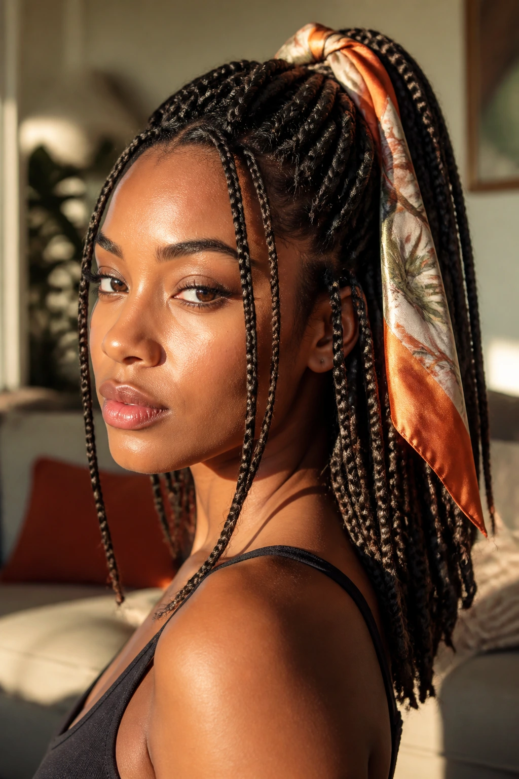 Close-up of scarf-tied box braids on a real person in warm light