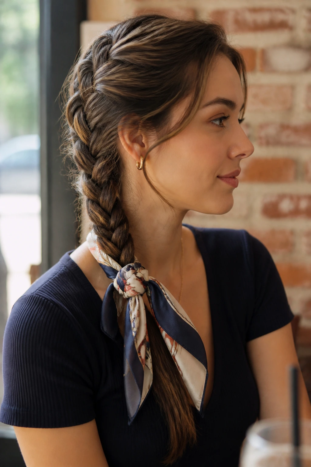 Profile of a woman with scarf-tied side braid in cafe window light