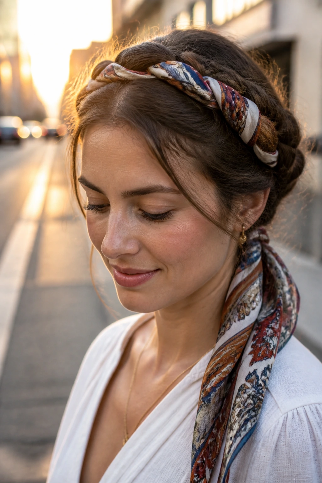 Close-up of a real woman's scarf-tied halo braid on an urban street at golden hour