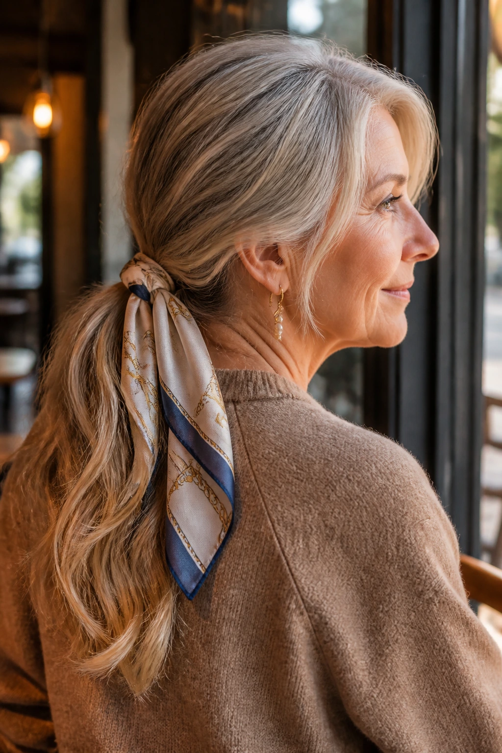Real woman with long hair tied with a silk scarf around the base of a ponytail.