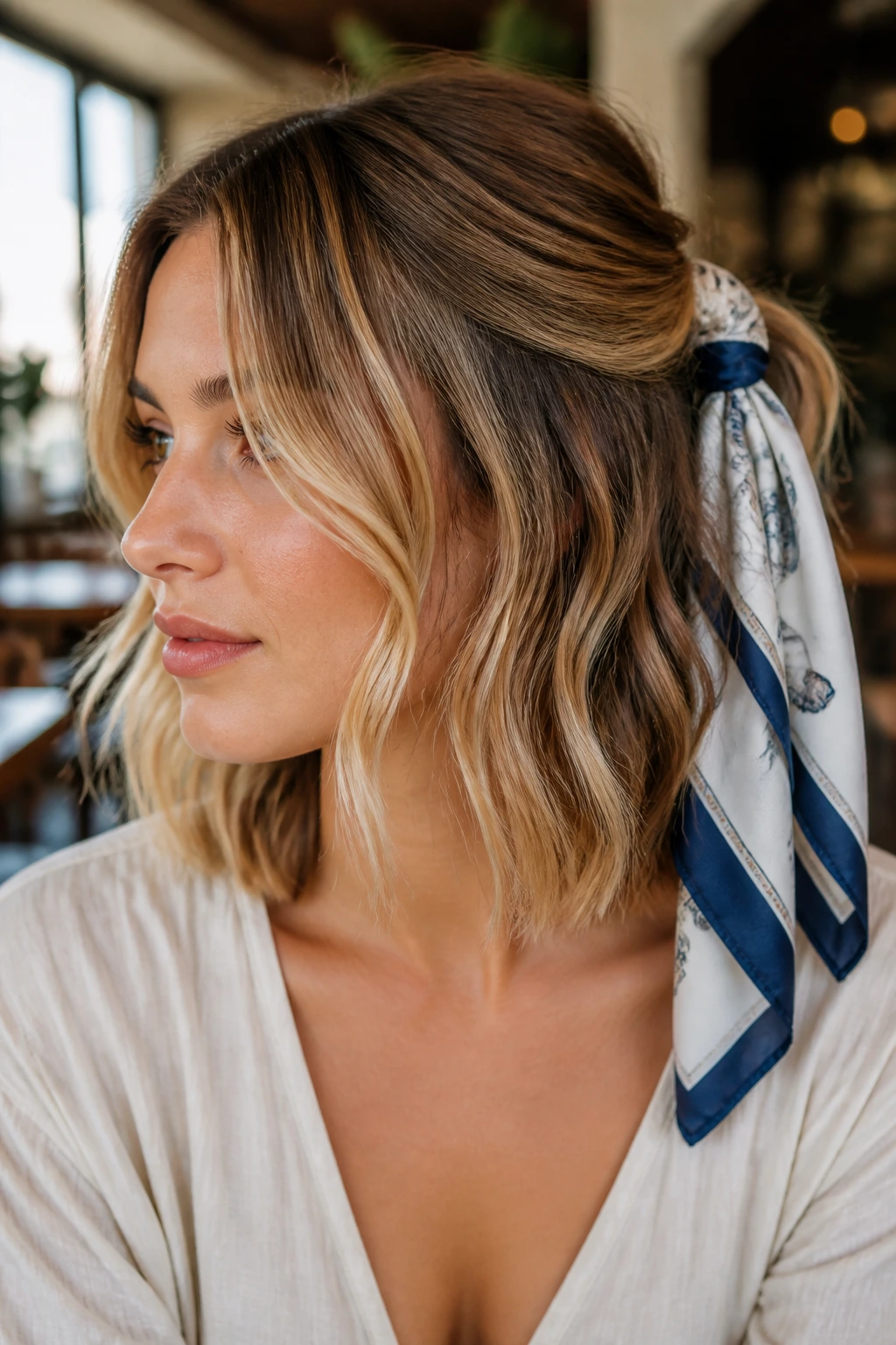 Close-up of a real person wearing a scarf-tied lob with waves underneath in a cozy cafe setting.