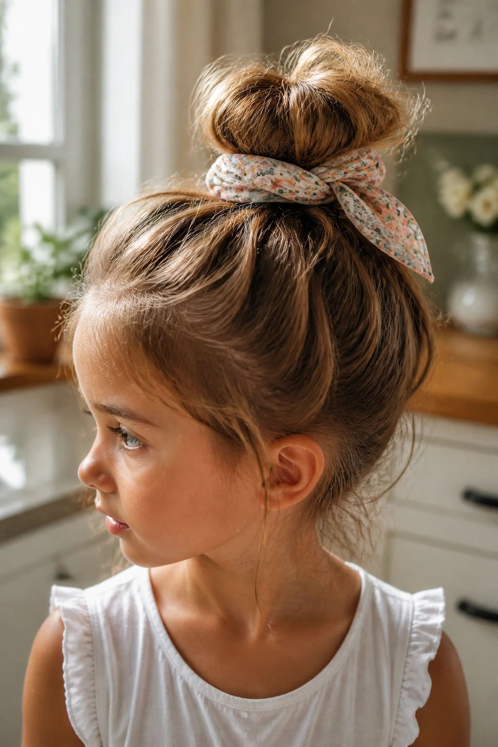 Close-up of a real child with scarf-tied messy bun in a bright home