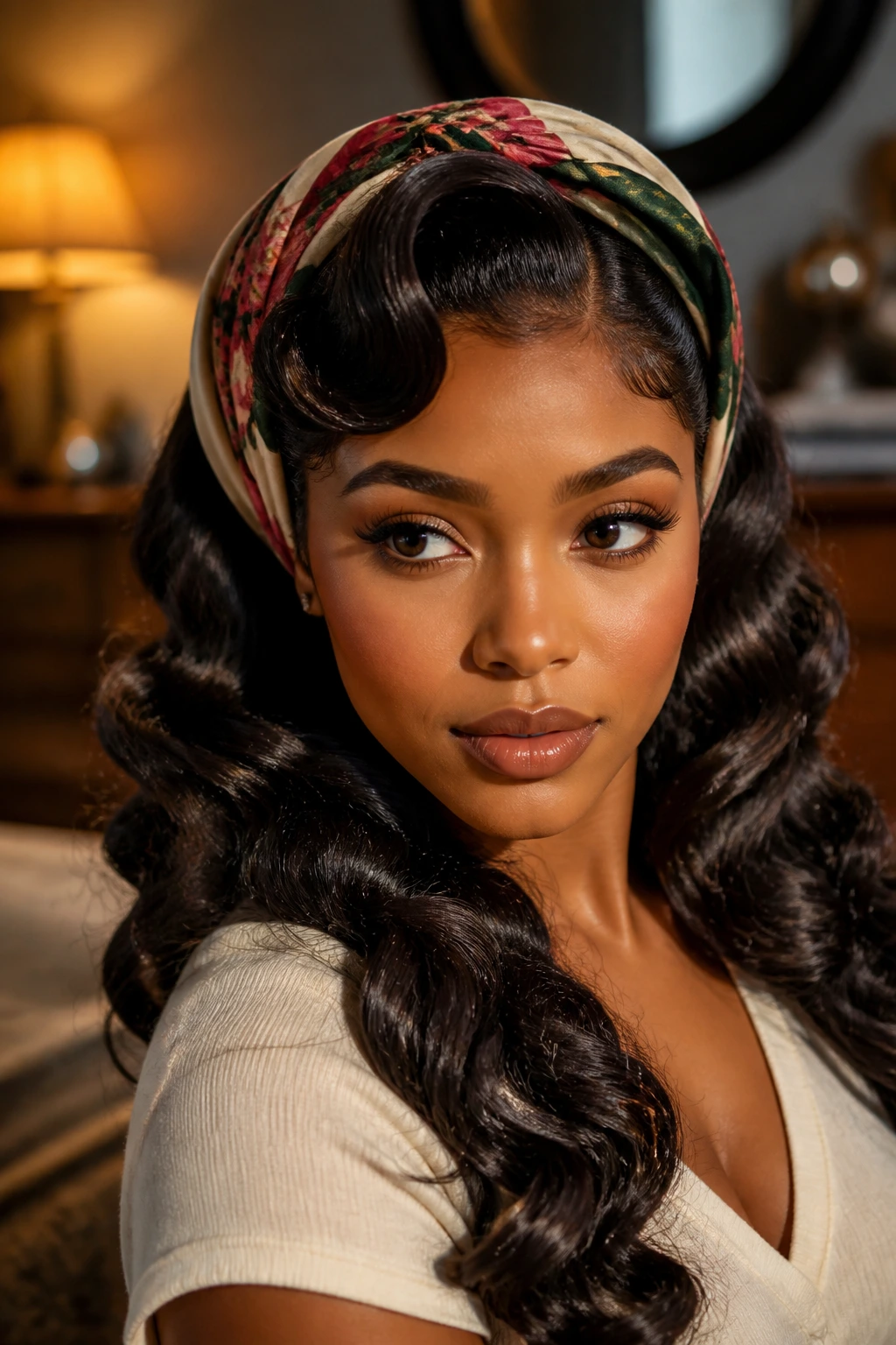 Close-up of a Black woman with scarf-tied pin-up waves framing the face