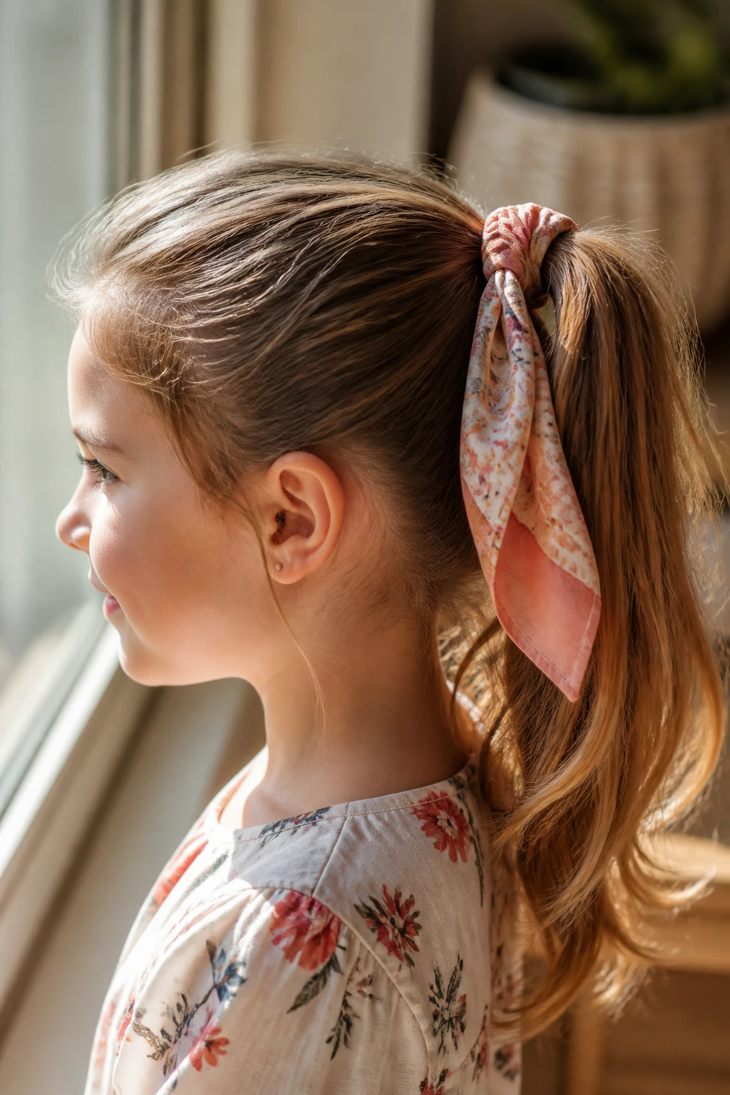 Close-up of a real girl with a scarf-tied ponytail