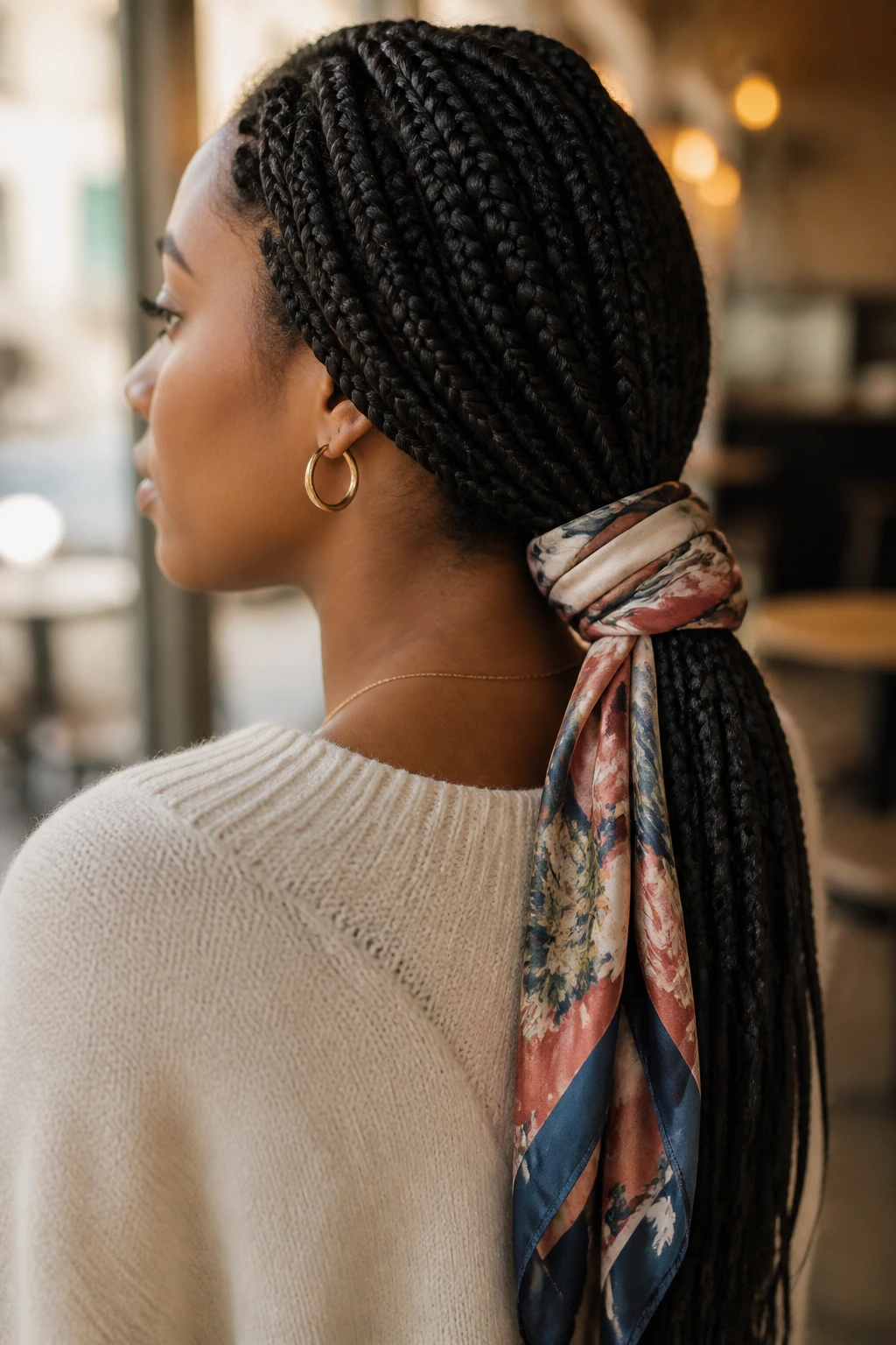 Close-up of a real person with a scarf-tied low ponytail at the nape