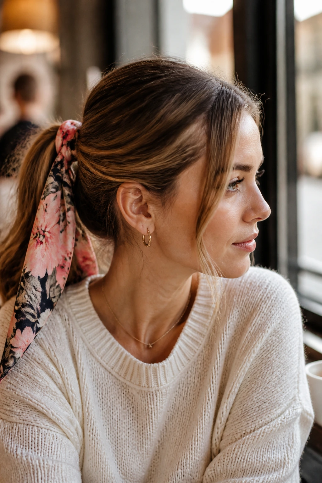 Real woman wearing a scarf-tied ponytail adding color