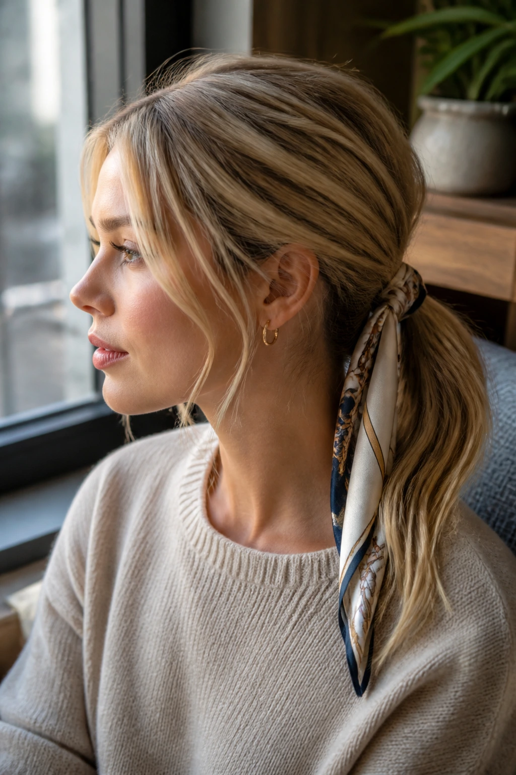 Portrait of a woman with a scarf-tied ponytail
