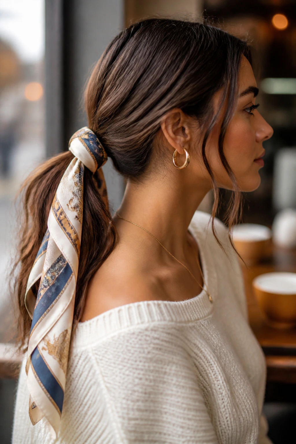 Close-up of a real woman with a scarf-tied ponytail in a cafe window setting